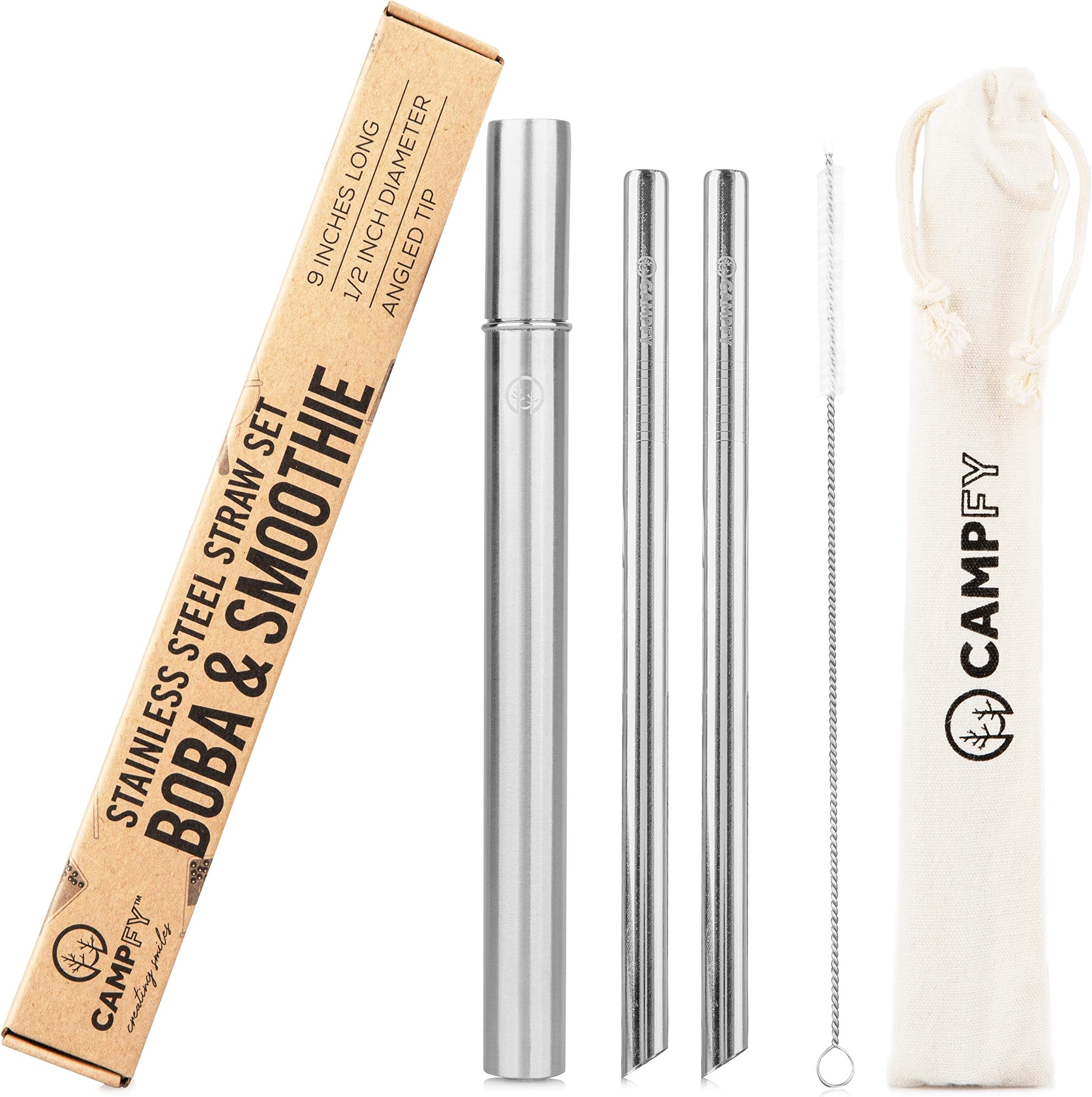 Stainless Steel Boba Straw, Case, and Cleaning Brush Set: Angled-Tip Straws - Original & Color Wide Bubble Tea Straws - Reusable Metal Straws for Reduced Plastic Consumption (Original)