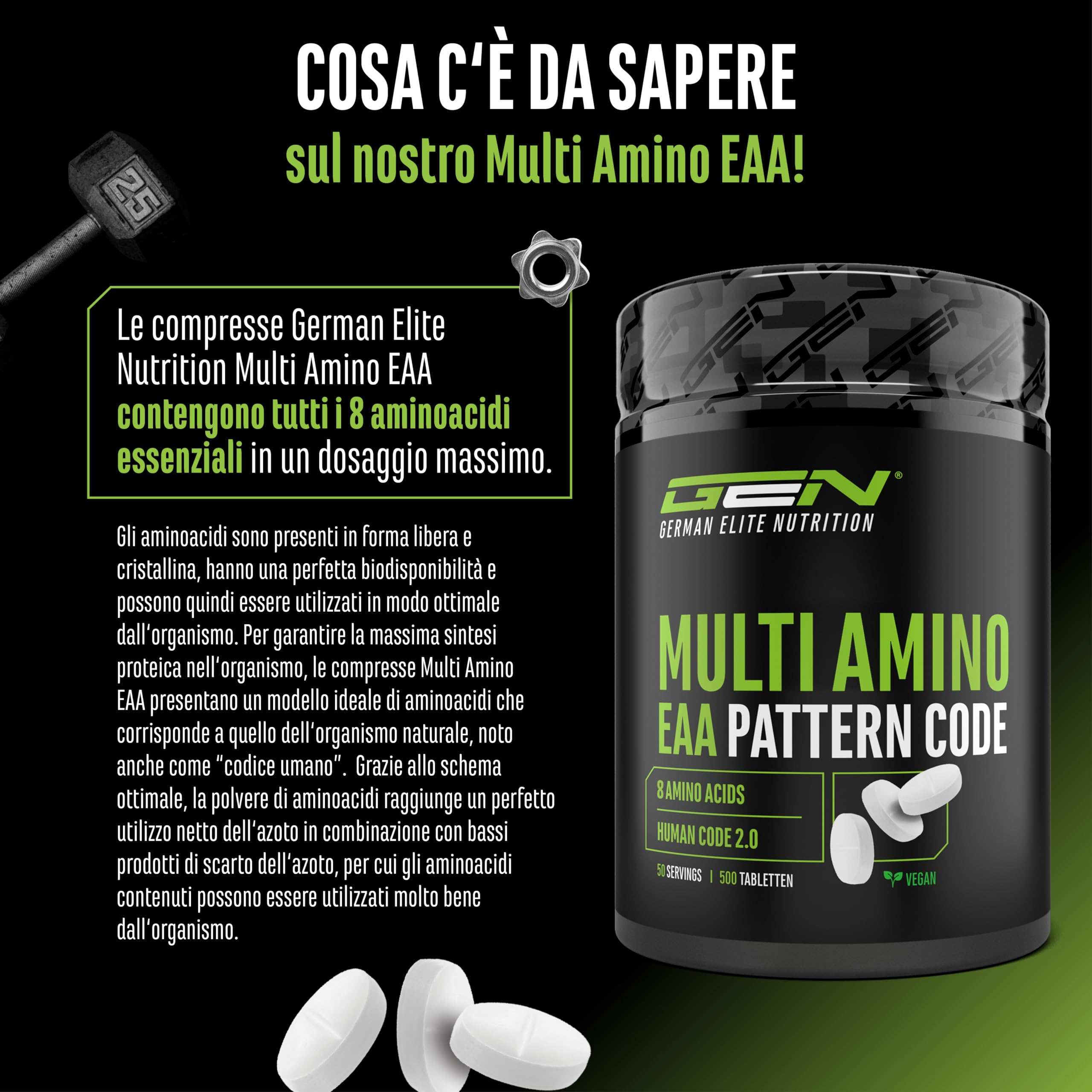 Multi Amino-EAA Pattern Code - 500 compresse da 1000 mg ciascuna - Formula Human Code - Tutti gli 8 aminoacidi essenziali - Da fermentazione vegetale - Alto dosaggio - Vegan