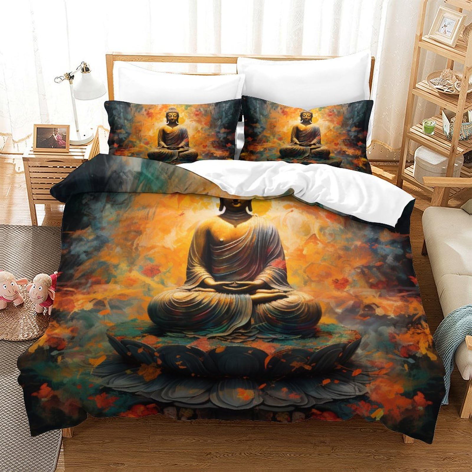 Parure de lit Bouddha 3D en microfibre Super King 260x220cm avec housse de couette et taies
