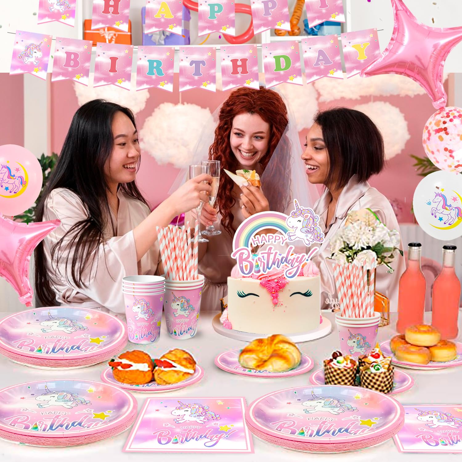 Forniture de Unicorno Festa Compleanno-130 Pezzi Kit Unicorno Compleanno Piatti Unicorno Bicchieri Tovaglioli Tovaglia Striscione etc Forniture de Festa Tema