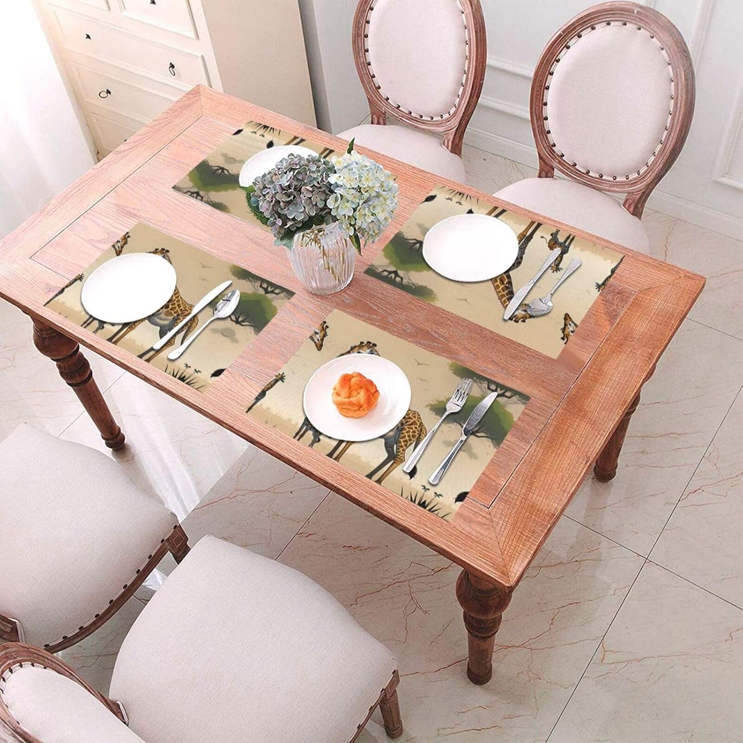 Poezjzwmother and Child Giraffe Place Mats, PVC Table Mats Set of 6 Indoor Placemats Washable Non-Slip Heatproof for Dining Table Fabric