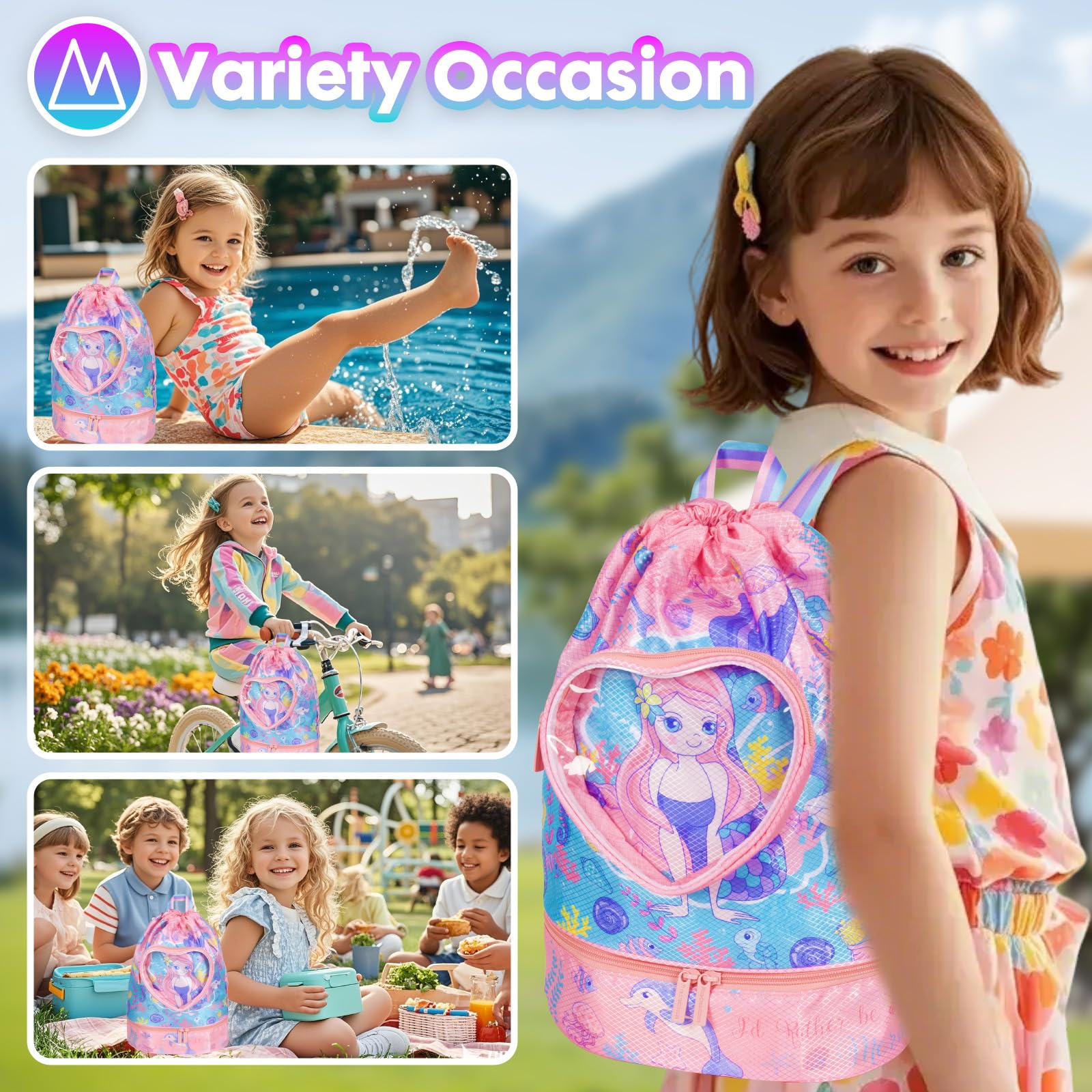 PinkSheep Bolsa de natación para niños, bolsa de deporte con cordones, mochila para niñas y niños, bolsas de playa impermeables con compartimento para zapatos y bolsa a prueba de humedad para piscina