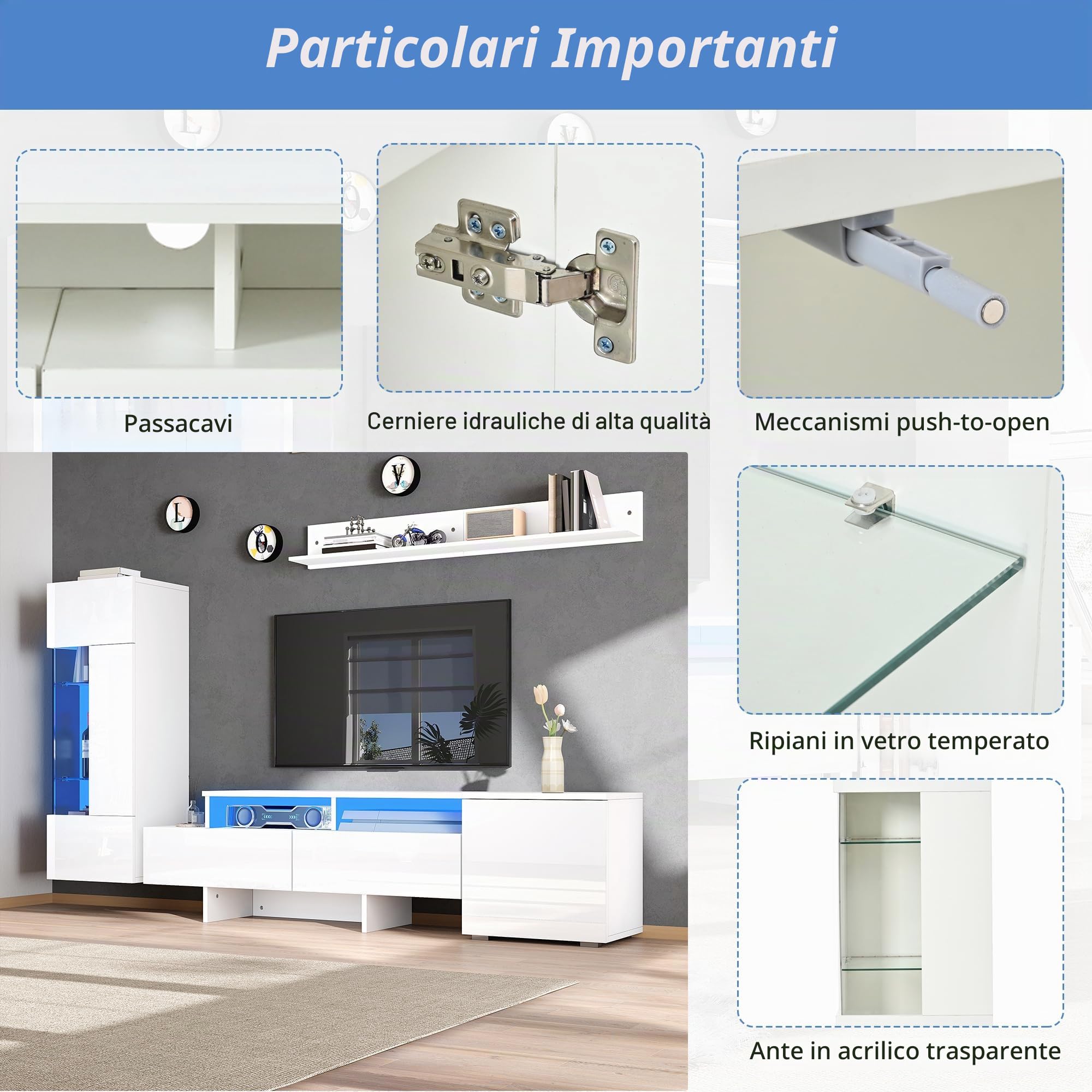 Set di 3 mobili da soggiorno per TV, lucidi, con LED, moderno mobile TV in piedi e sospeso, ante in acrilico, parete divisoria in vetro, bianco, TV fino a 70' (bianco-1)