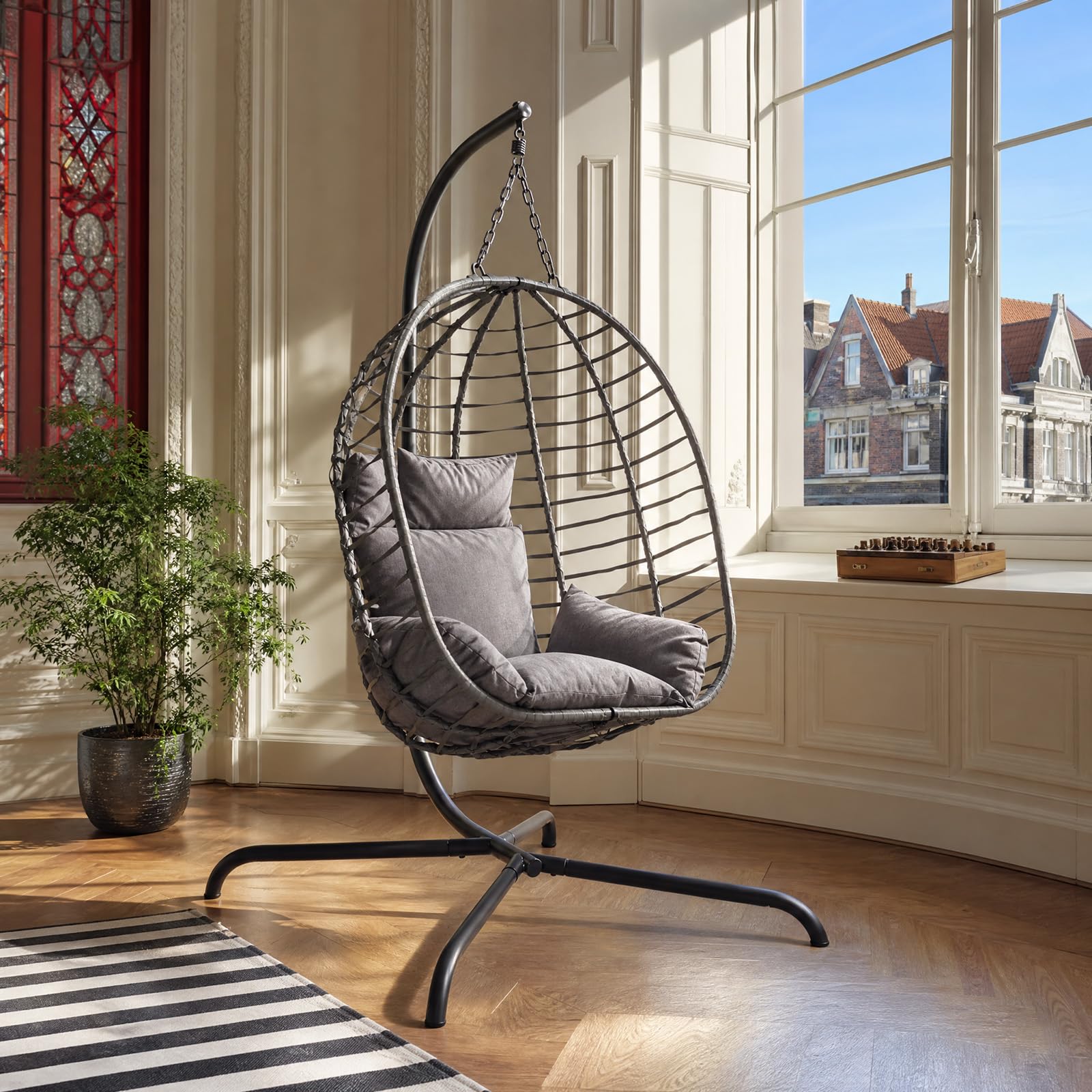 Sekey XXL Hängesessel mit Gestell, 93 cm Breiter Hängekorb mit Dickem Kissen (2 kg), bis 150 kg, Faltbarer Sitzkorb, 2-Punkt-Aufhängung & Kippsichere X-Basis, für In- & Outdoor, Balkon, Garten