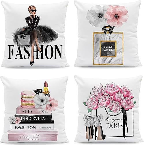 Juego de 4 fundas de almohada rosas de 18 x 18 pulgadas, lindas fundas de almohada decorativas a la moda, fundas de almohada para cama, sofá, fundas