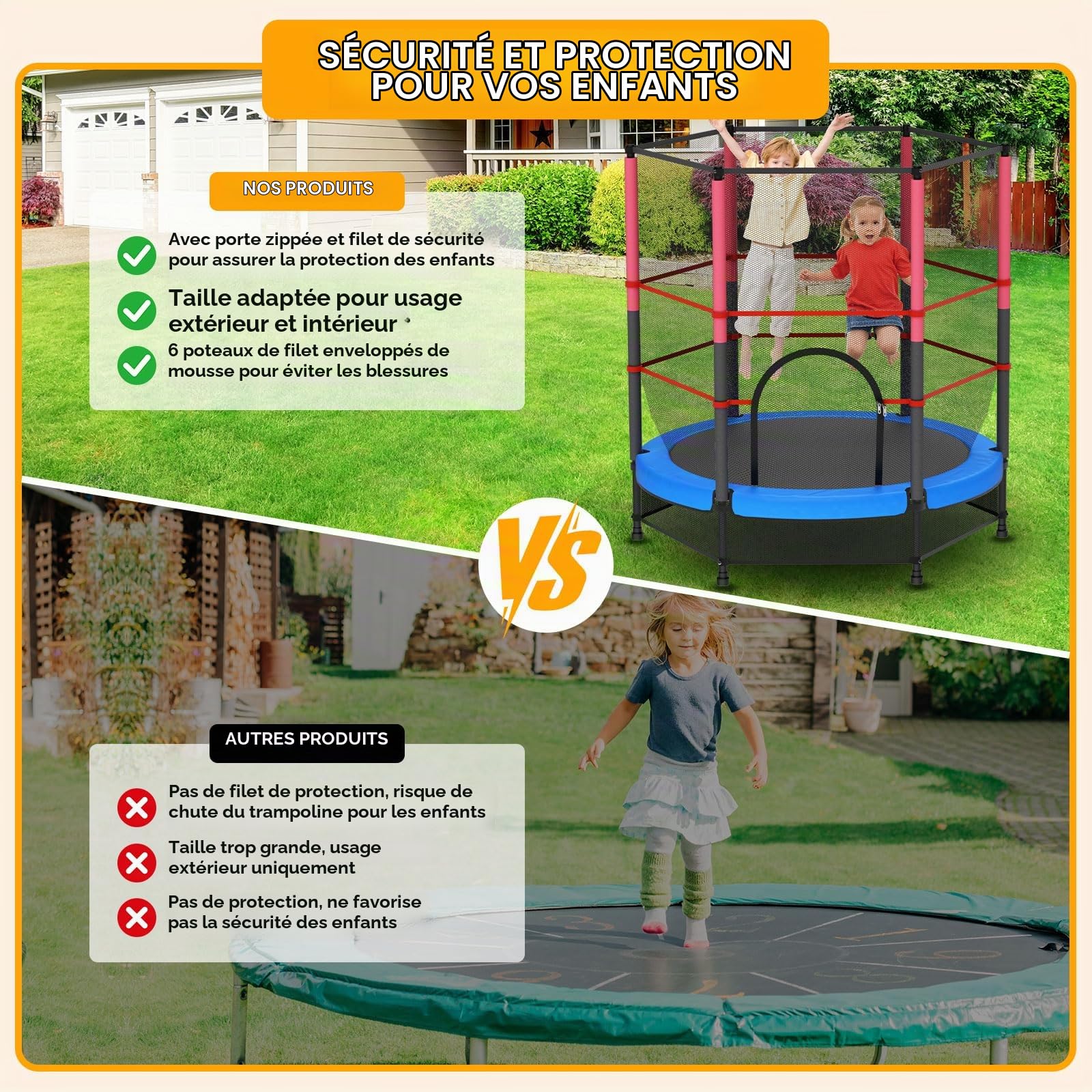 Trampoline pour enfant Ø 140 cm – avec filet de sécurité, porte zippée et filet de sol, suspension en corde en caoutchouc, intérieur/extérieur, charge jusqu'à 55 kg, pour enfants à partir de 3 ans