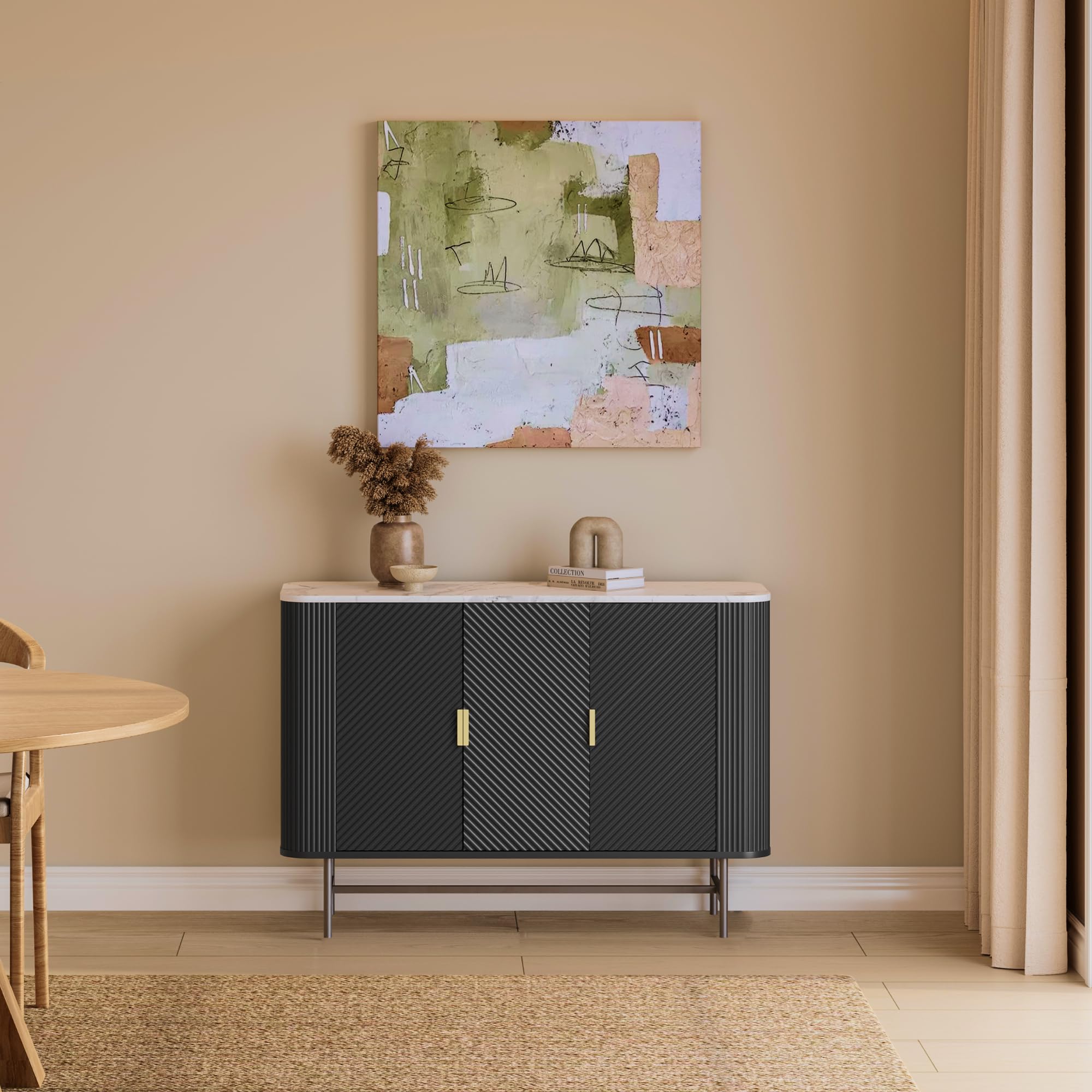 [en.casa] Mobile Contenitore a 3 Ante Credenza con 4 Scomparti e Pannelli Decorativi Madia Buffet con Ripiani per Soggiorno Sala da Pranzo Ingresso 110 x 40 x 77 cm - Nero/Effetto Marmo Bianco