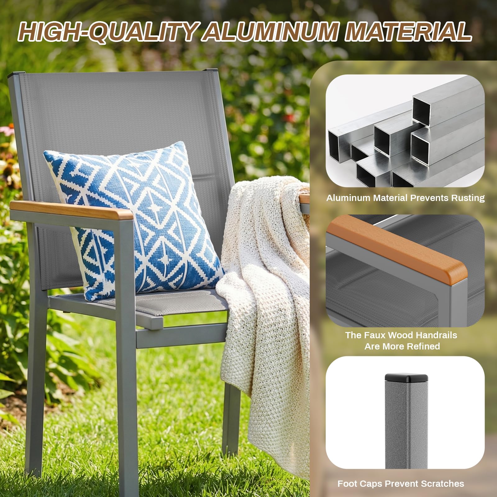 LIFERUN Gartenstuhl 4er Set, stapelbarer Aluminium Esszimmerstuhl, mit Gesteppte Rückenlehne & Sitzfläche, WPC Handlauf Balkonstühle, für Garten, Terrasse, Balkon, Pool, Restaurants, Grau, 4 PCS