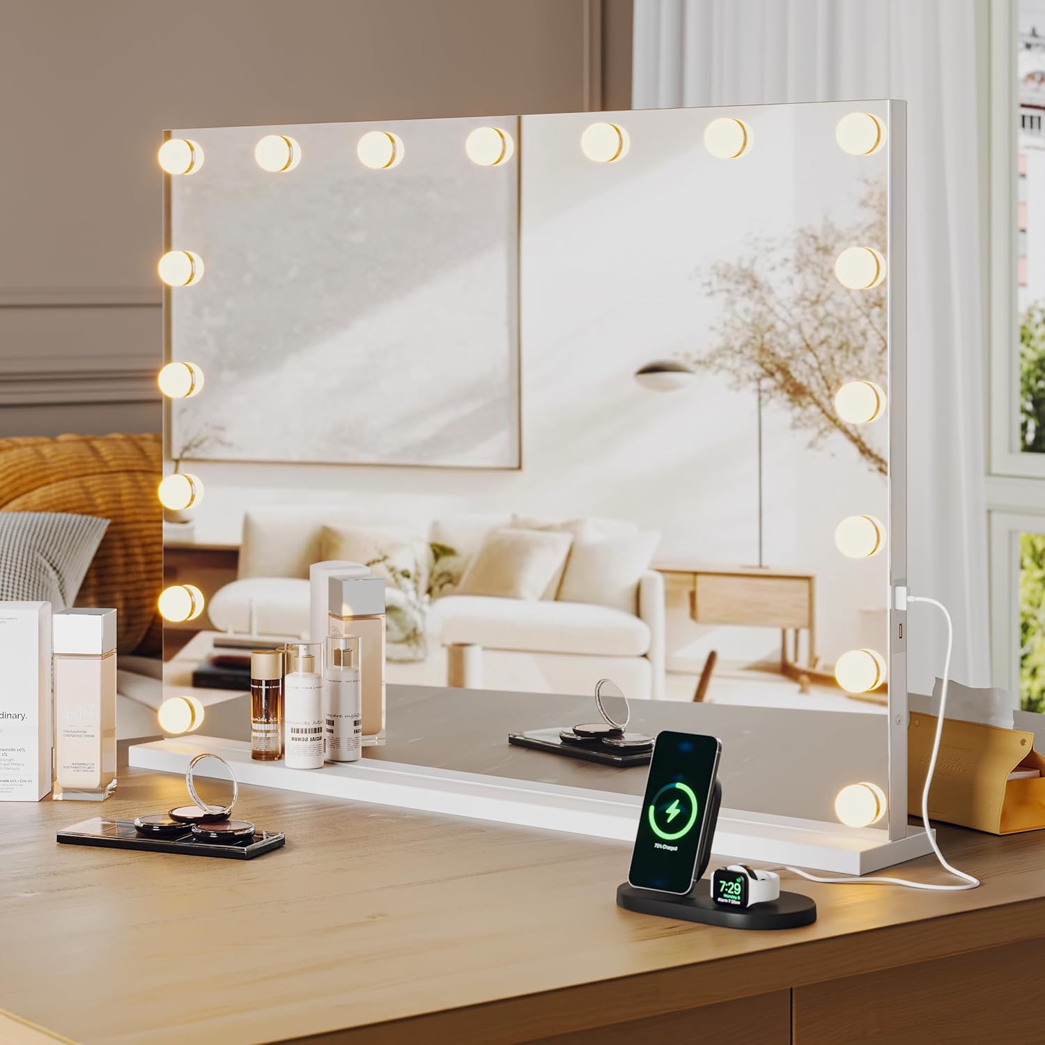 Vanity Mirror with Lights, Large Hollywood Lighted Vanity Mirror with 17 Dimmable LED Bulbs, 3 Color Modes, USB Charging Port, Light up Mirror with Touch Control for Bedroom, Tabletop, 32" x 24"
