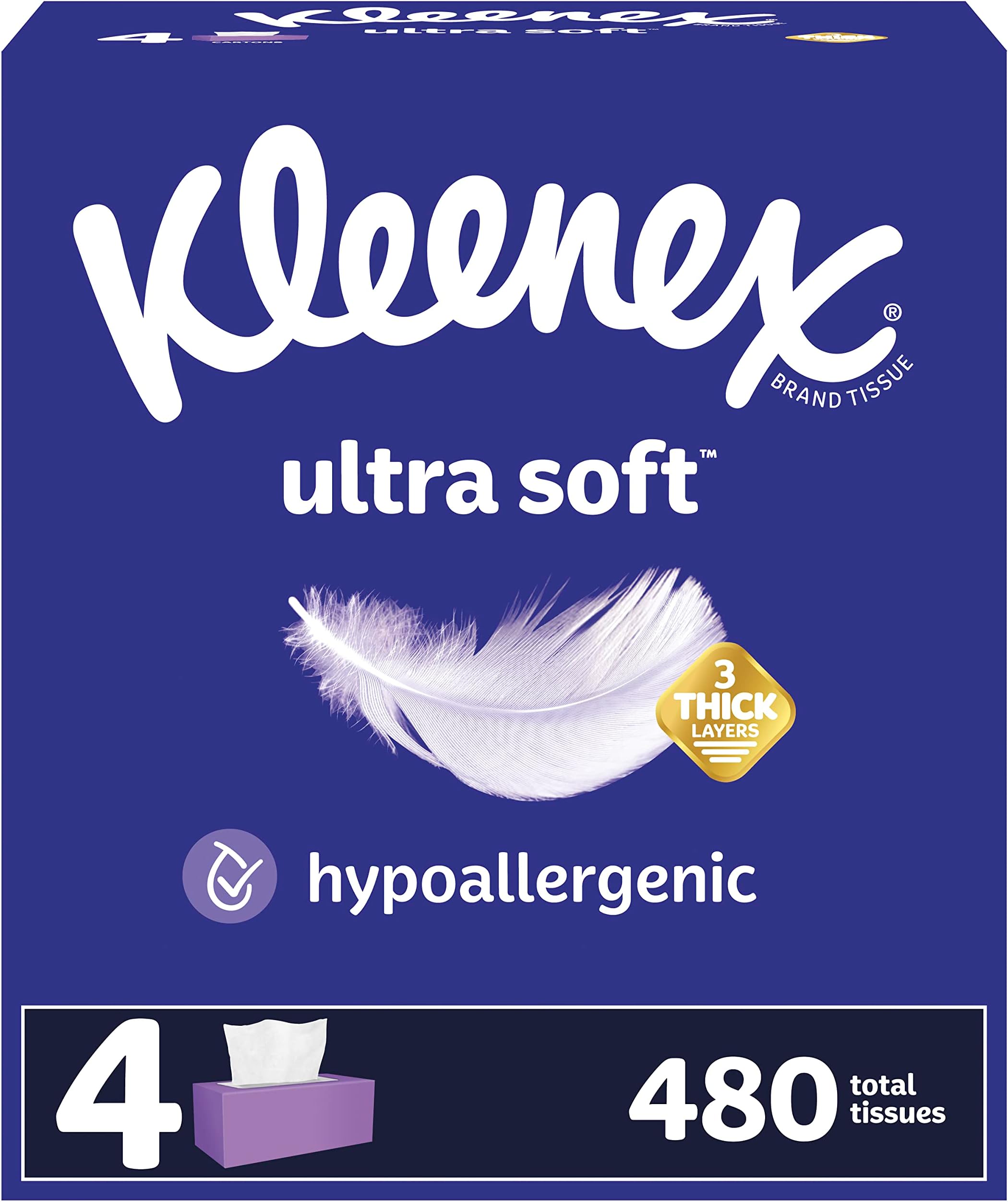 Ultra Soft Facial Tissues, Soft Facial Tissue, 4 Flat Boxes, 120 Tissues per Box, 3-Ply (480 Total Tissues)