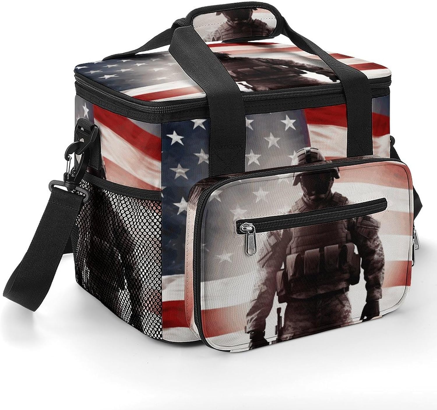 Camping Ice Pack, American Flag Soldier Print Cooler Bag, 22.5L Large Capacity Insulated Lunch Tote Bag for Outdoor, Picnic, BBQ, Travel, Work