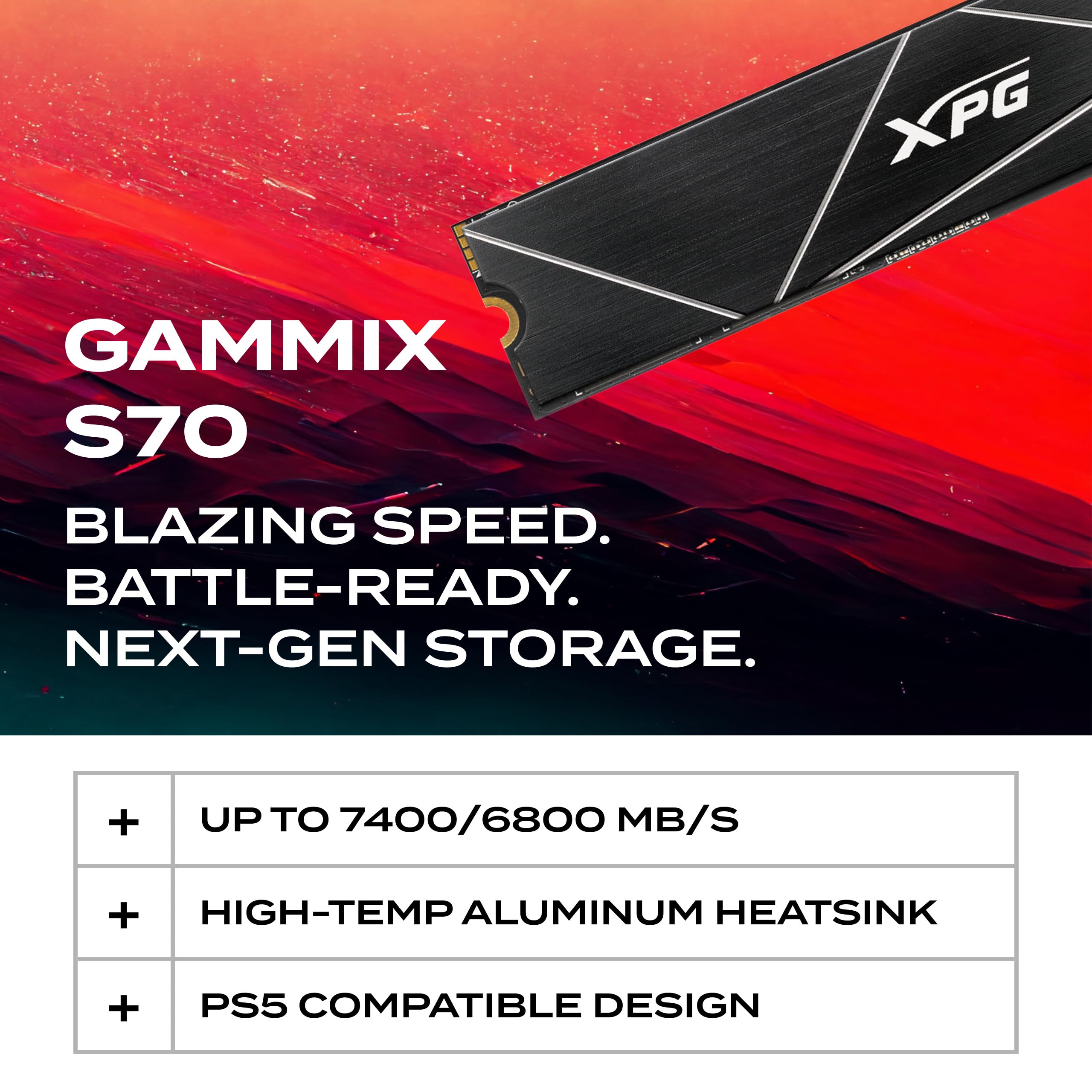 XPG ADATA GAMMIX S70 Blade 2TB PCIe Gen4x4 M.2 2280 SSD Schwarz- Heat Spreader- 3D-Grafikbearbeitung sowie High-End-Gaming PS5 upgradation AGAMMIXS70B-2T-CS, Festkörper-Laufwerk