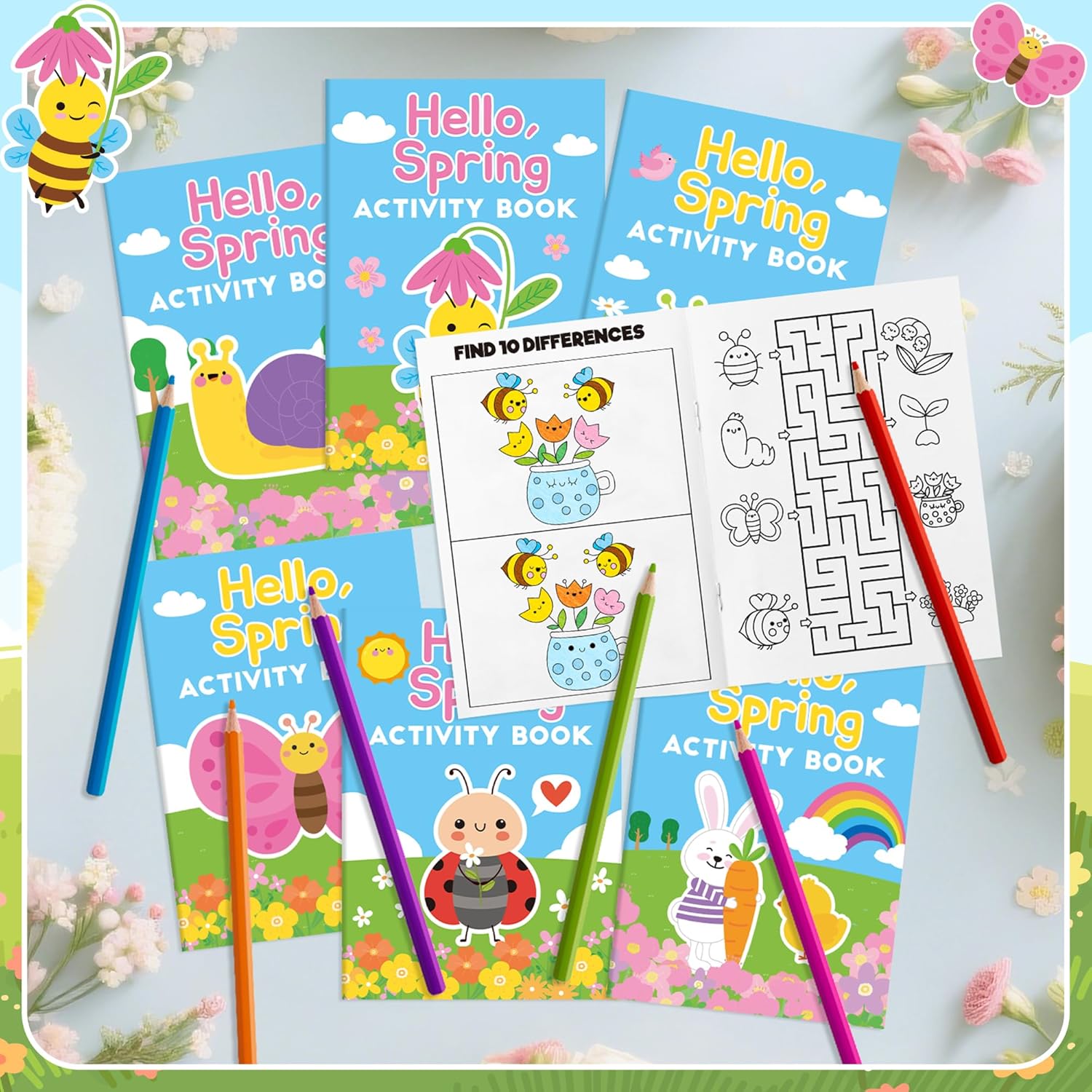 Spring Activity Books for Kids - 24Pcs Hello Spring Mini Games Coloring Book Set Bulk Insect Floral Mazes Word Search Word Scramble Games for Valentine Spring Easter Holiday Party Goodie Bag Stuffers