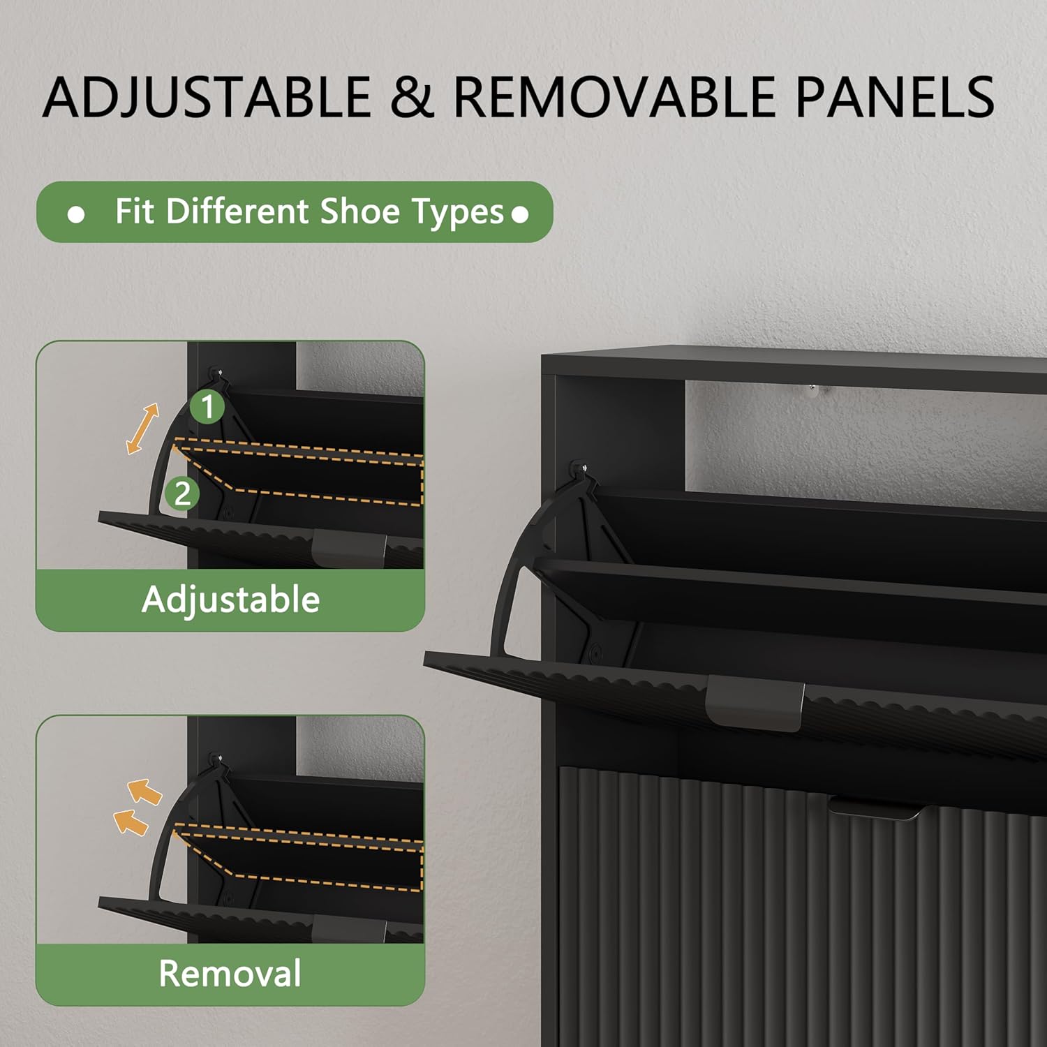 Shoe cabinet in closed and open positions