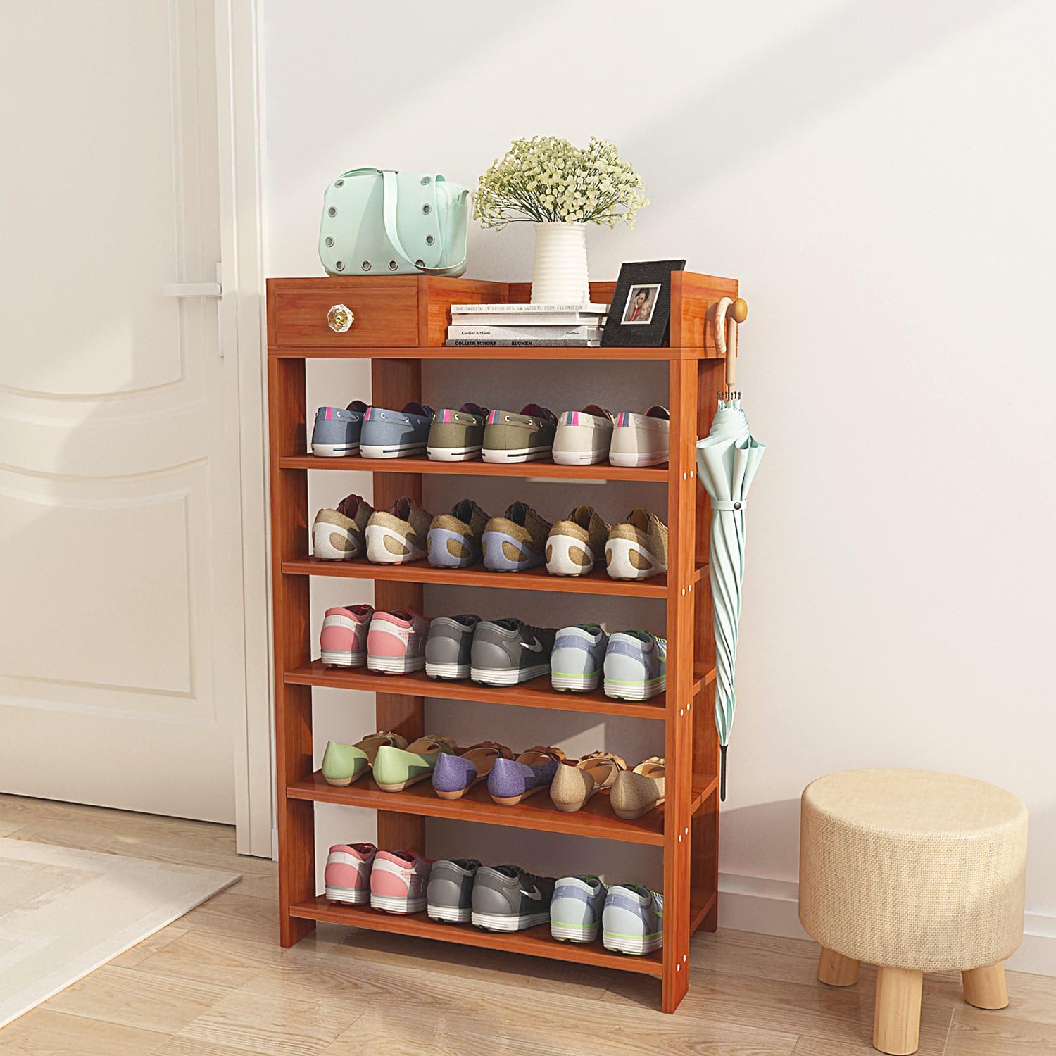 Amazing 🔥 Jerry & Maggie -Wood MDF Board Shoe Rack Shelf with One Drawer Clothes Rack Shoe Storage Shelves Free Standing Flat Racks Classic Style - Multi Function Shelf Organizer (NATURAL WOOD, 30 x 12 x 38)