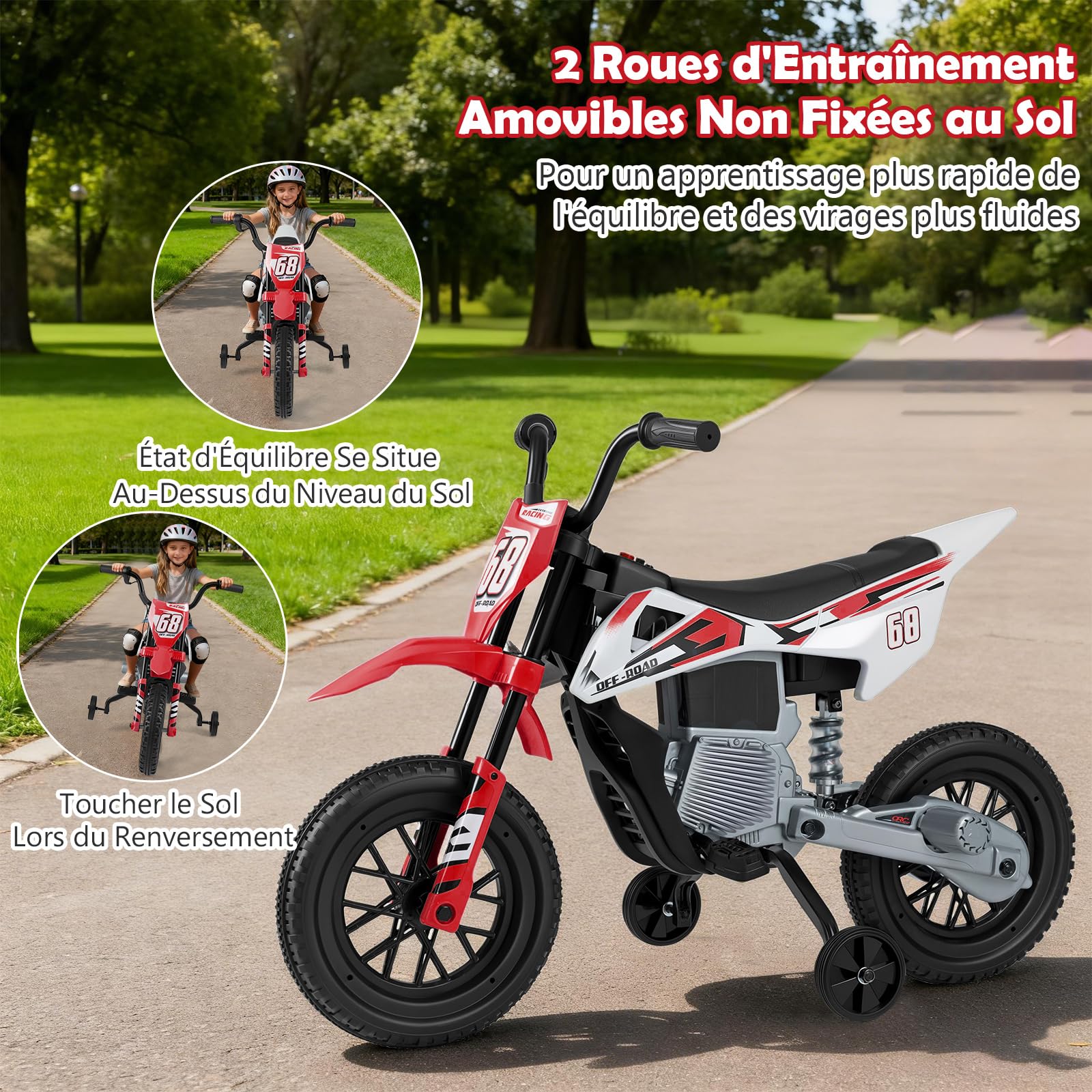 GOPLUS Moto Électrique Enfants 12 V avec Batterie,2 Roues Amovibles, Voiture Electrique Enfant avec Musique sans Fils, Amortissement, Charge 30 kg, 3-5 km/h, pour Enfants de 3-8 Ans (Rouge)