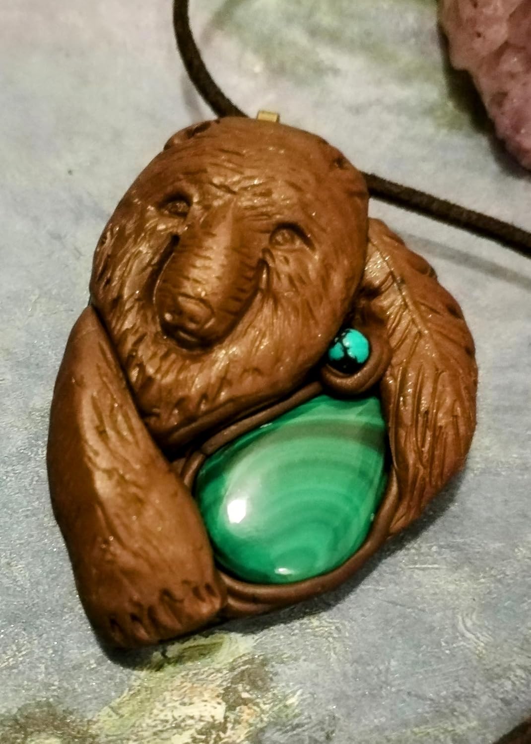 | Courage, Bear Spirit Animal Necklace | Malachite and Turquoise | Natural Gemstone Strength Jewelry Gifts For Men or Women