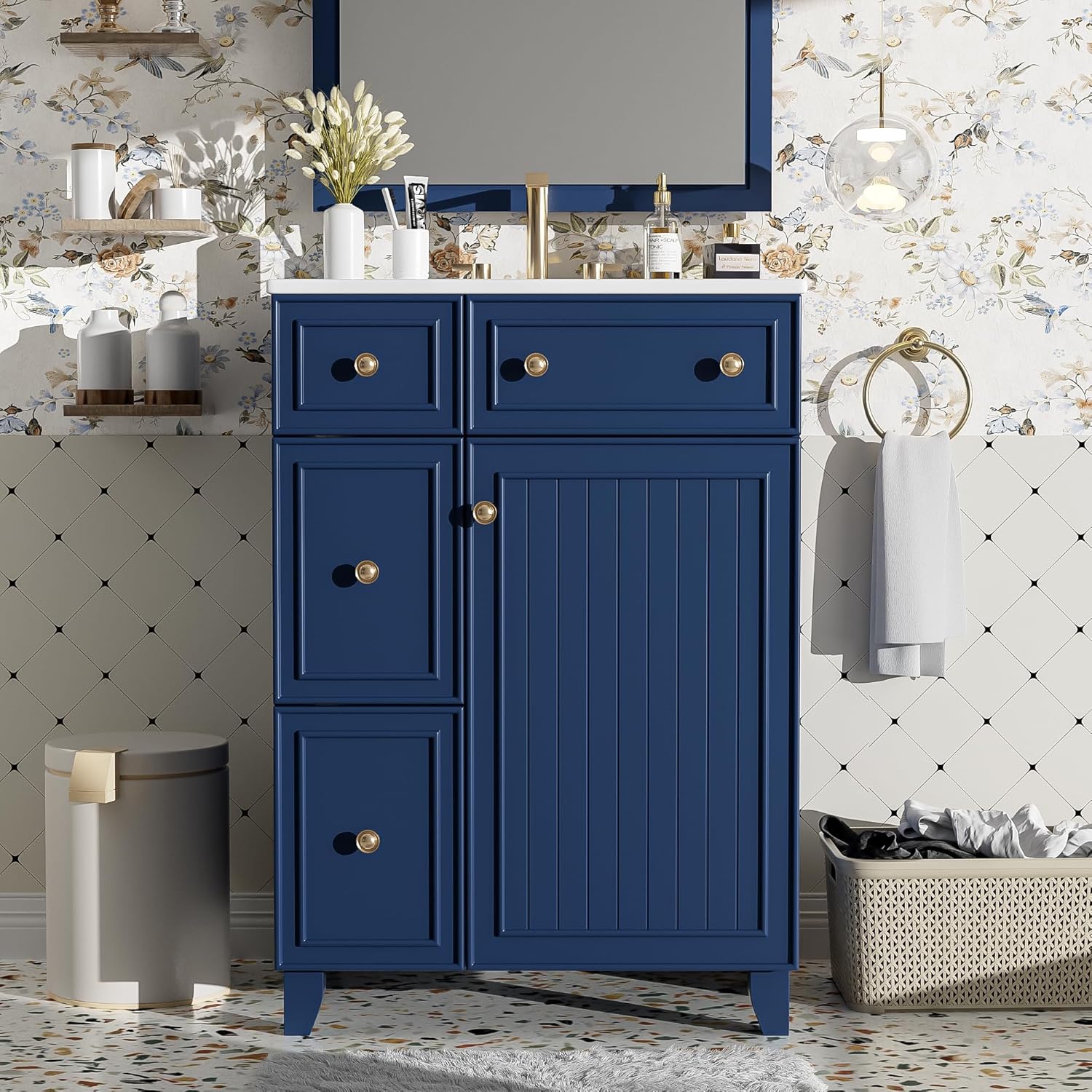 Harper & Bright Designs Bathroom Vanity with Sink Combo, Modern Freestanding Bathroom Sink Cabinet with Gold Handles,Bathroom Cabinet with 24 inch Sink, 2 Drawers, 1 Door, Blue