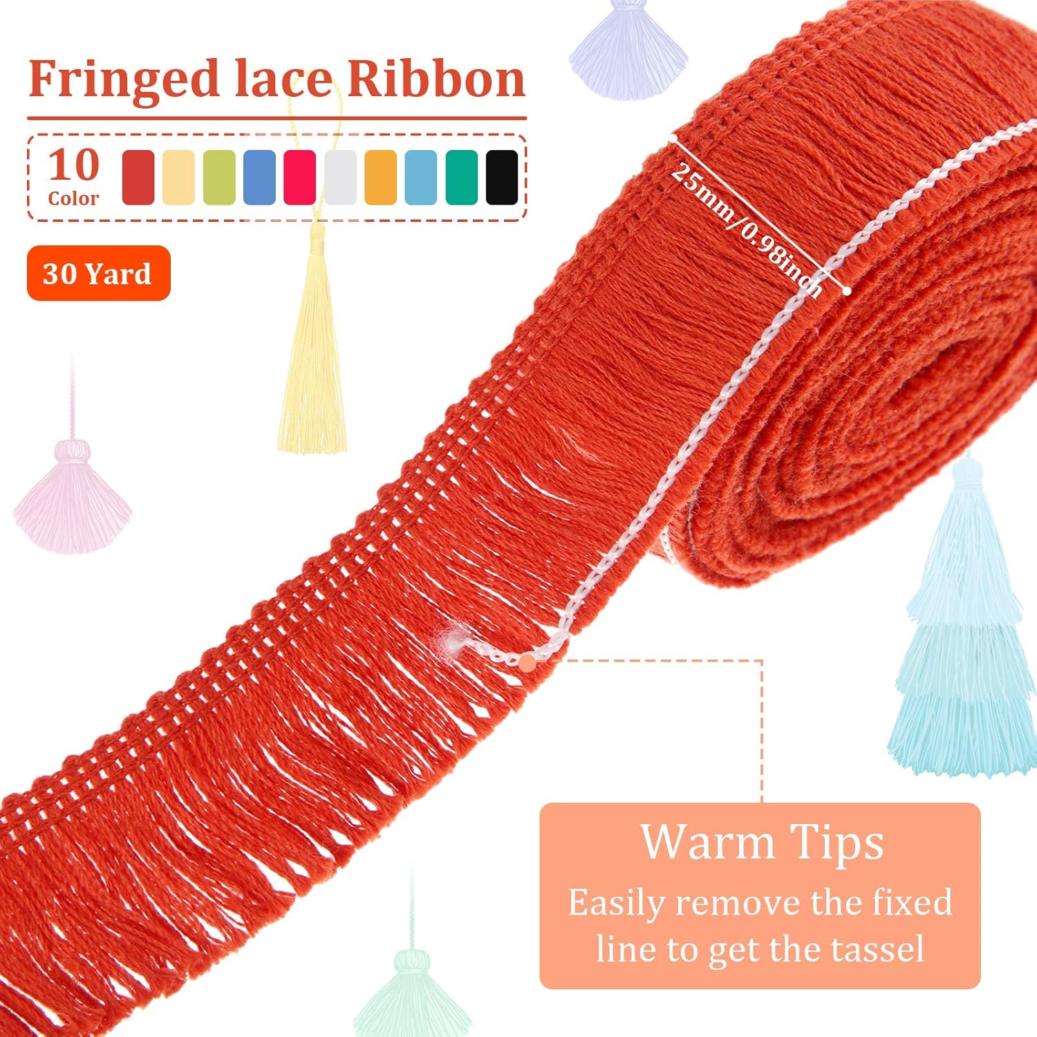 30 Yards 25 mm Wide Fringe Tassel Trim, Lace Trim Ribbon Fringe Trim Lace for Sewing Crafts Clothing, Curtains, 10 Colors (Multi-Color)