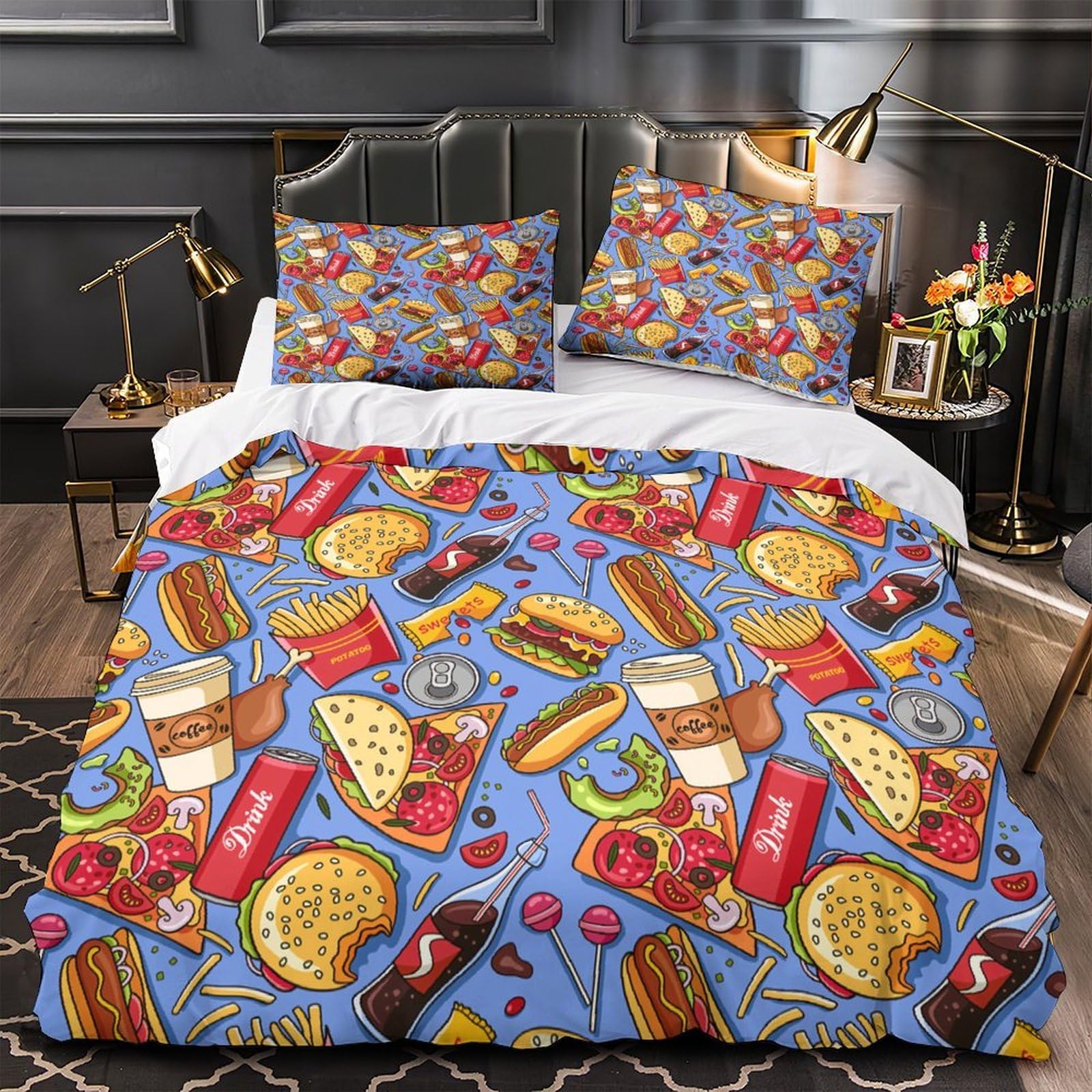 FastFoodPattern Duvet Cover 3D Print Breathable 3-Piece Bed Set Hidden Zipper CartoonStyleIllustration Quilt Cover Luxury Wrinkle-Resistant for Teens Adults Kids Women Girls Boys King（220x240cm）