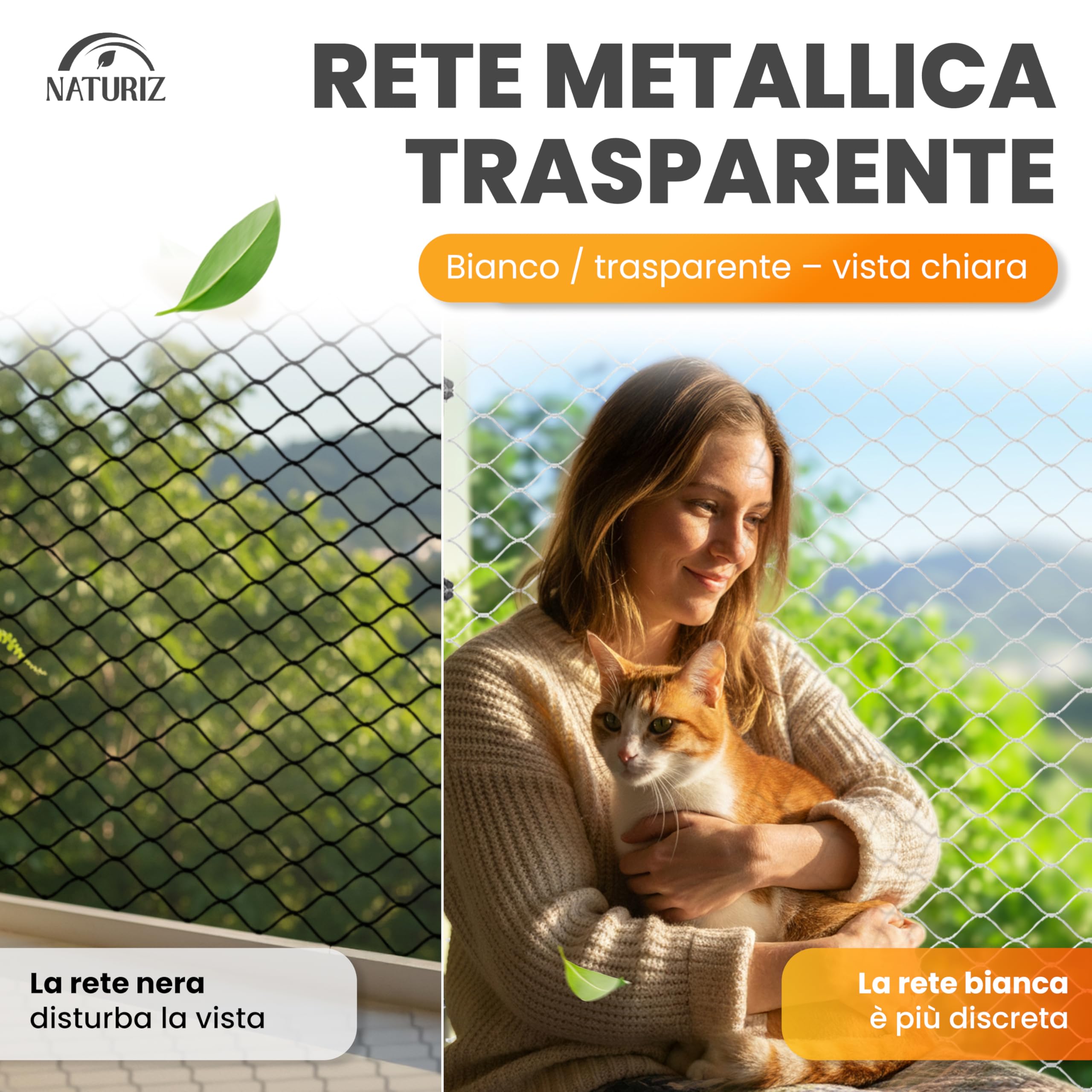 Naturiz Rete per gatti per balcone senza foratura, 3 x 4 m, rinforzata con filo trasparente/bianco, griglia per gatti con gancio adesivo – Rete di protezione per gatti per balcone e finestre, rete da
