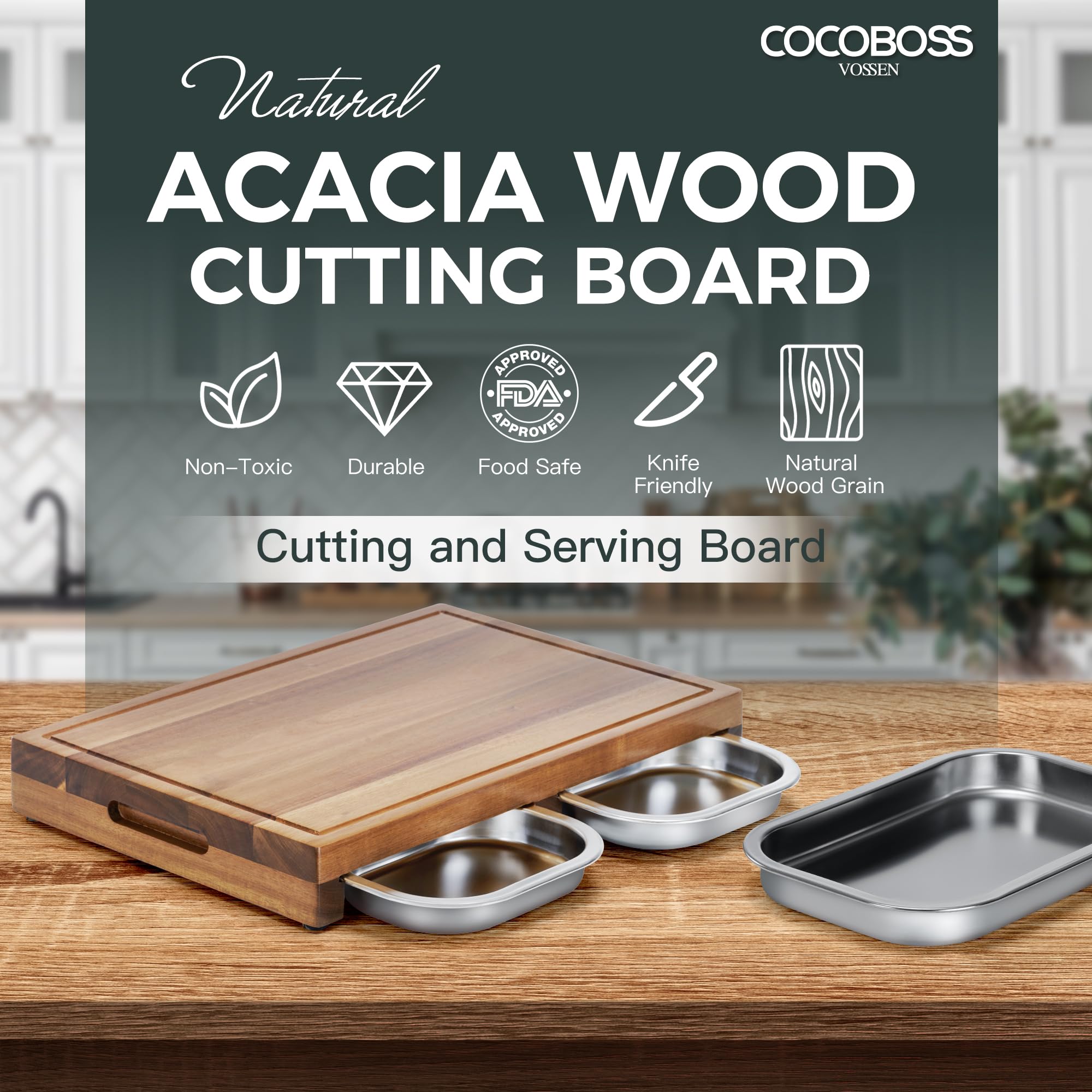 Tabla de cortar con bandeja recogedora, 44,5 x 30 x 6 cm, madera de acacia, tabla de cortar con 3 bandejas colectoras, tabla grande de madera de cocina