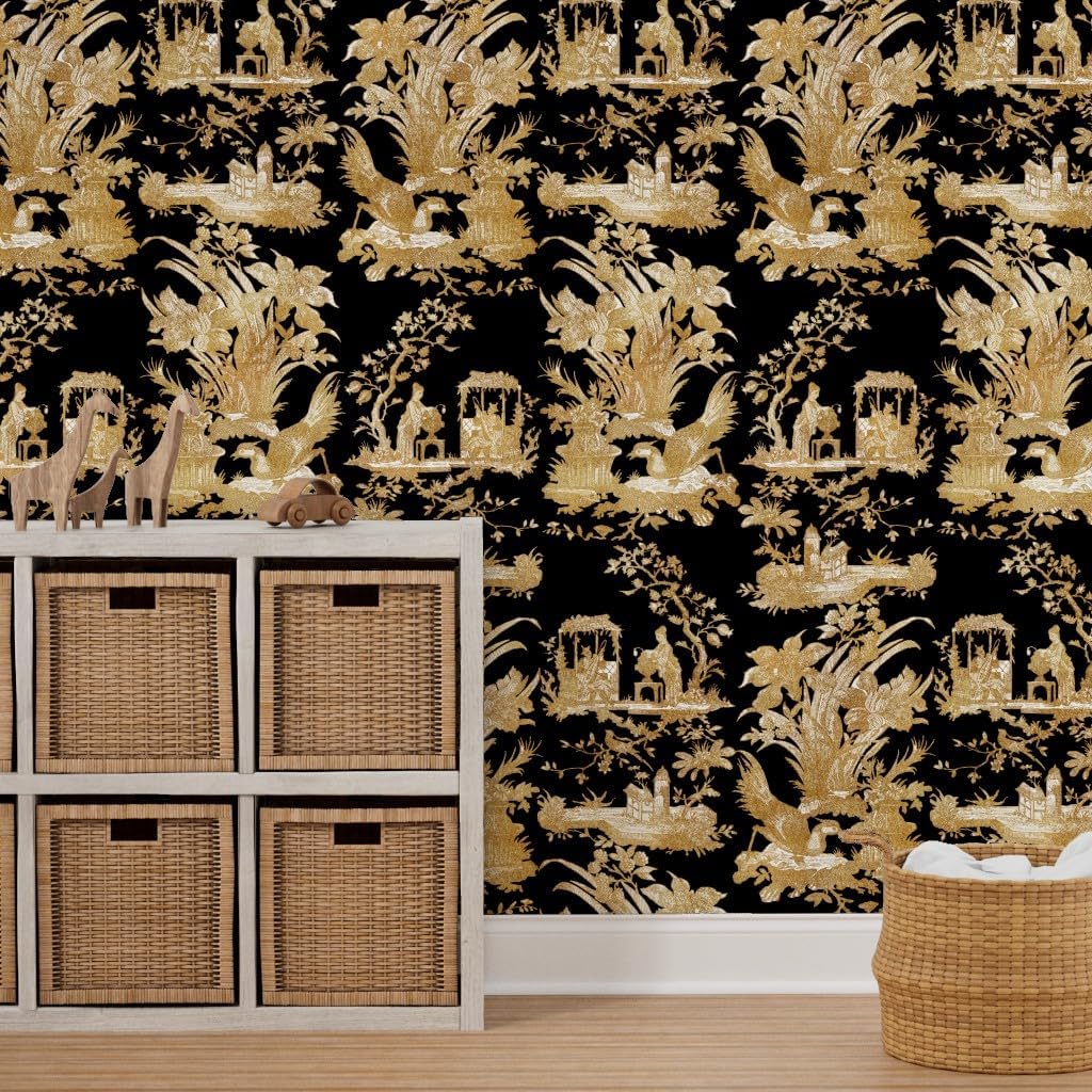 Peel & Stick Wallpaper 3ft x 2ft - Chinoiserie Toile Black Asian Gold Chinese Custom Removable Wallpaper by Spoonflower