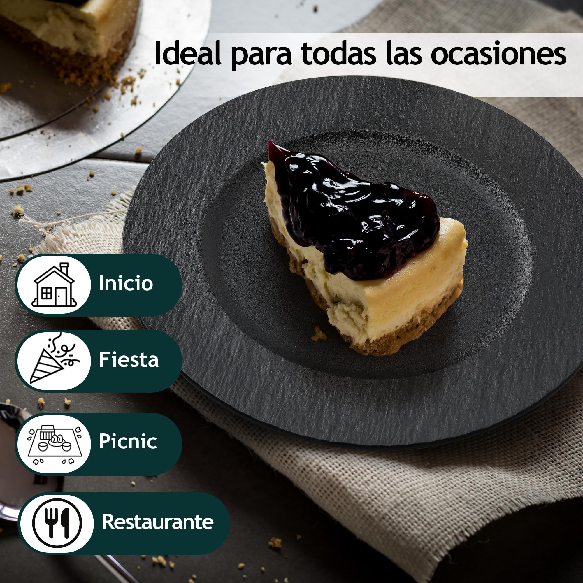 MIAMIO - Set 4 platos de postre de cerámica (23 cm) - Oasis (Negro) | Set de platos de cerámica (23 cm) para desayuno, guarniciones y postre, aptos para lavavajillas