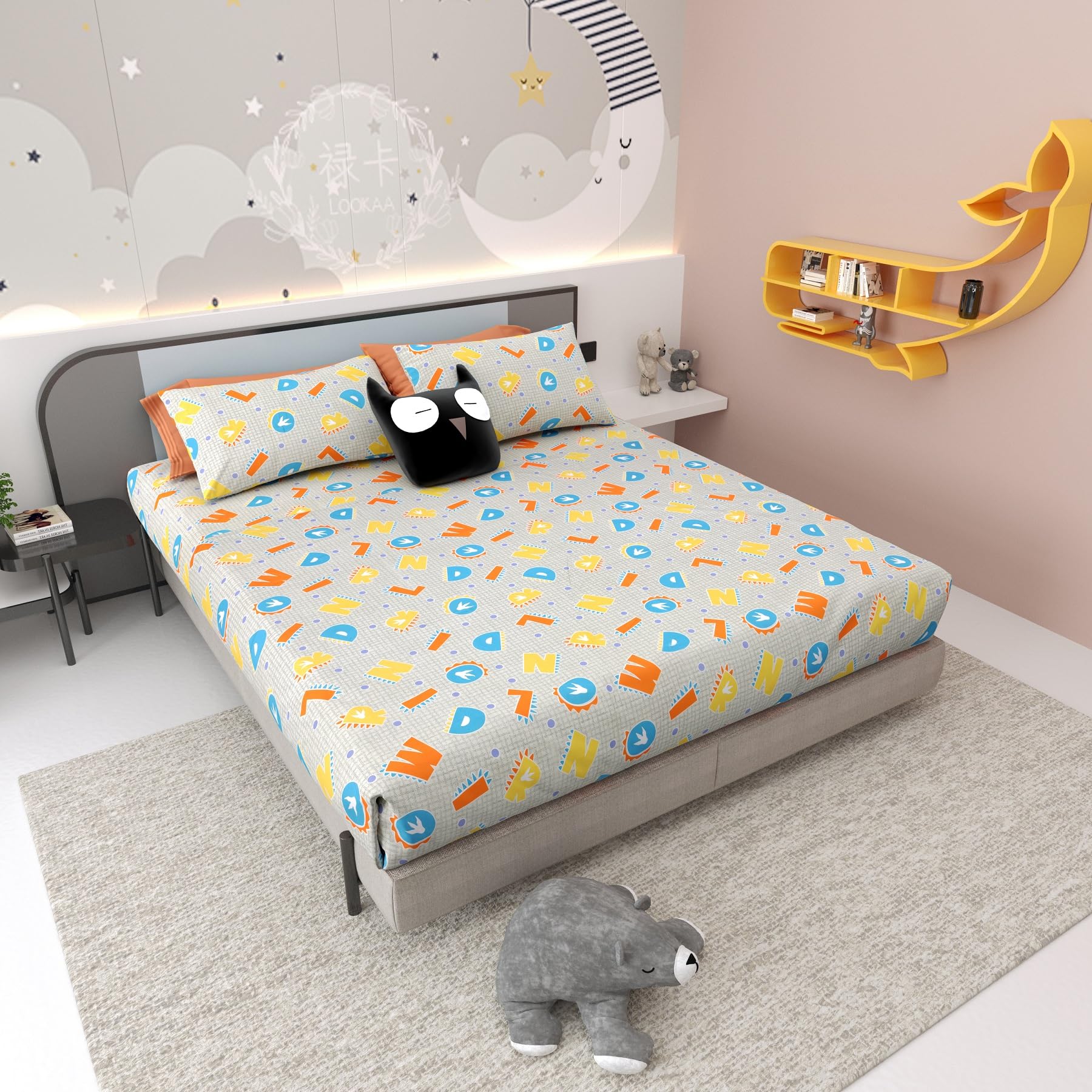 Cartoon Printed Premium Pure Cotton 300 TC King Size Bedsheet with 2 Pillow Cover, (100"x108" Inches), Pack of 1-picture-22