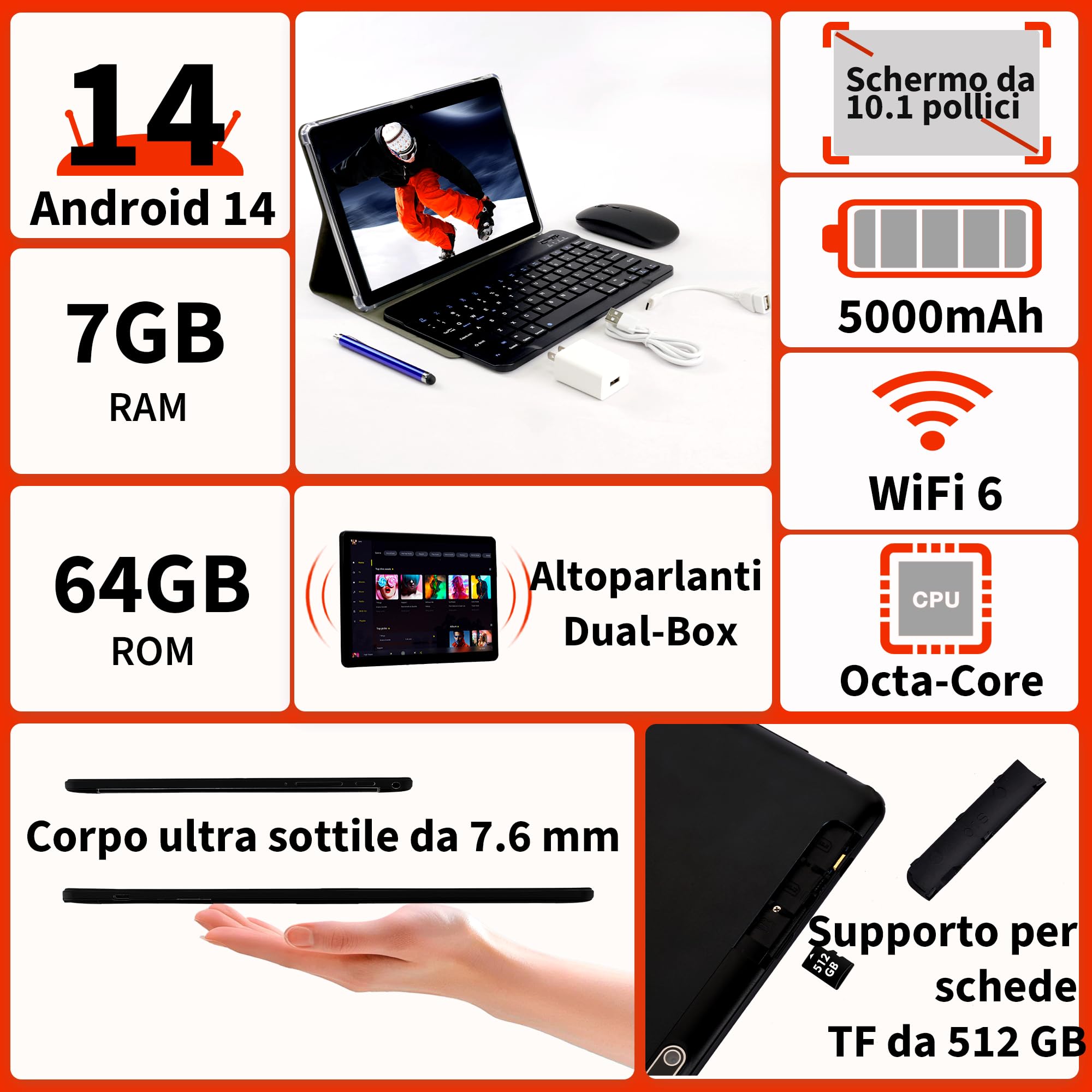 Veidoo Tablet Android portatile 2 in 1 con tastiera, mouse e stilo, tablet 10,1 pollici IPS HD schermo con 7 GB di RAM (3 GB + 4 GB) 64 GB ROM espandibile a 512 GB, processore Octa-Core, WiFi 6