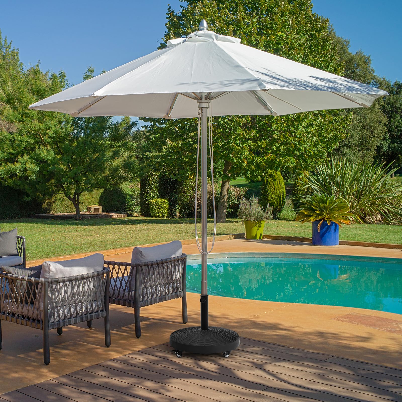 KOMFOTTEU Pied de parasol avec roulettes - Diamètre : 52 cm - Pour tige de parasol de 38 mm / 48 mm - Roulable - 23 kg - Noir