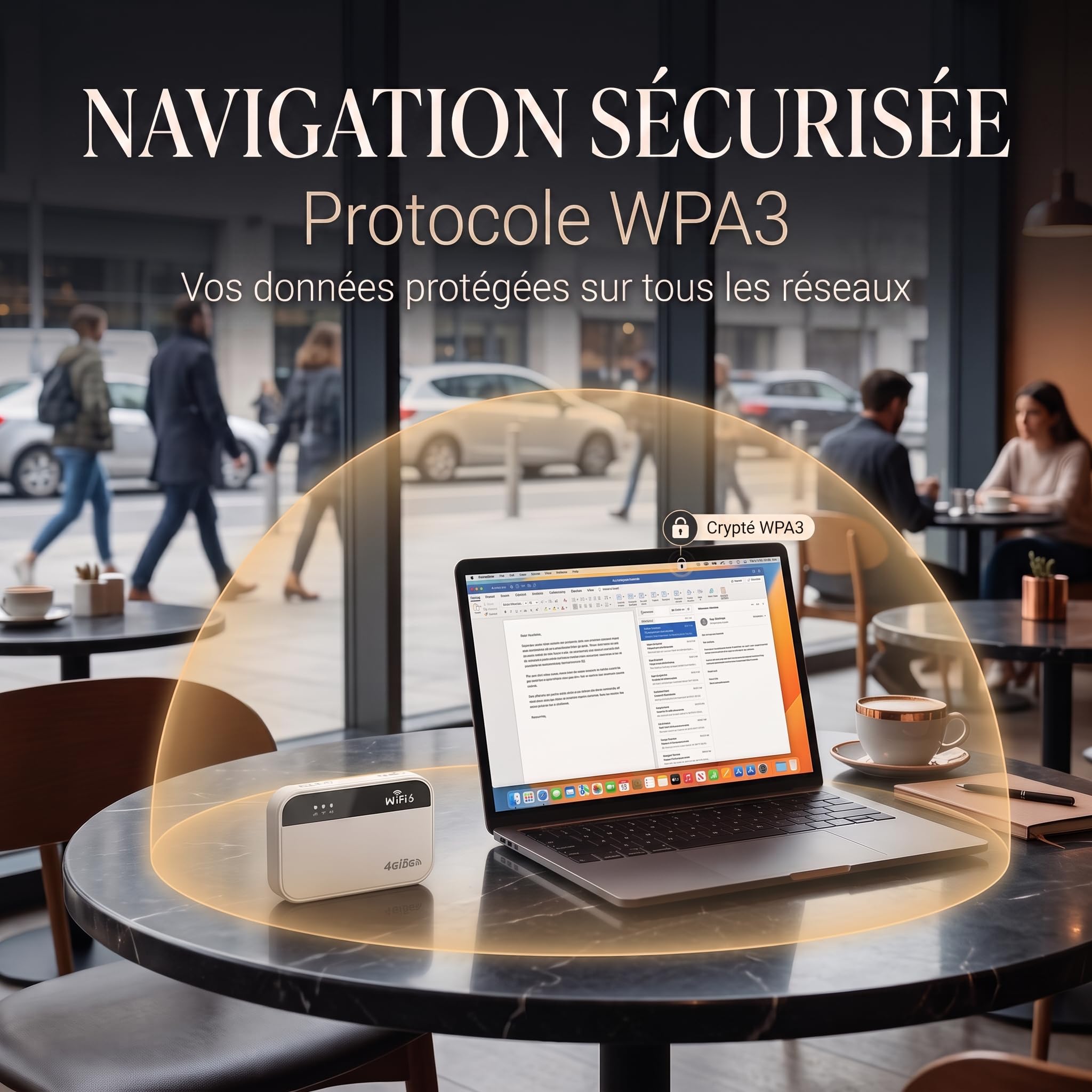 Routeur 5G Portable WiFi 6, 300Mbps, 32 appareils, 3000mAh, SIM Libre UE | WPA3 sécurise toutes vos données. 300Mbps pour 4K et visio. 27 pays UE automatique. Recharge USB-C. Aucune app à installer.