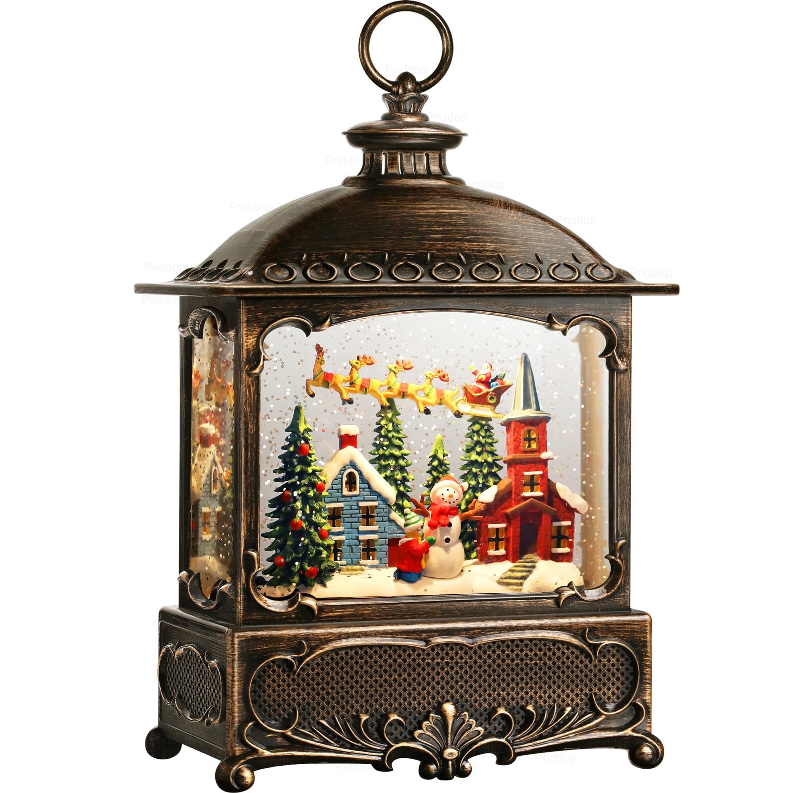 Christmas Snow Globe Lantern Christmas Decorations Gifts Snowman Santa Claus Church Village Scene Musical Glitter Snowfall USB/Battery Timer 12 inch