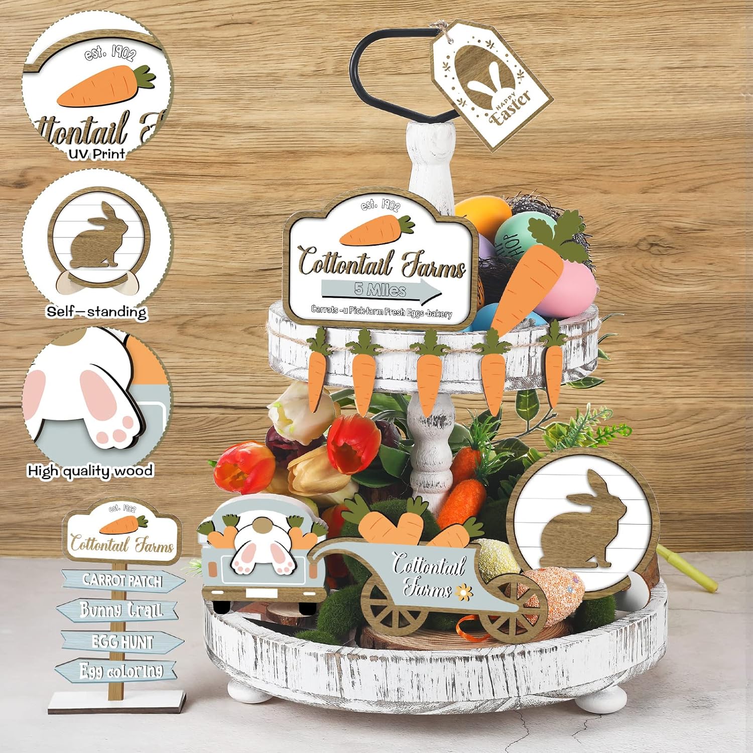 Condition photo showing New/Like New for jetec 12 pcs easter tiered tray decor easter carrot wood table decor rustic farmhouse bunny rabbits wooden sign decorative spring trays signs rustic decoration for home indoor kitchen 12 carrot