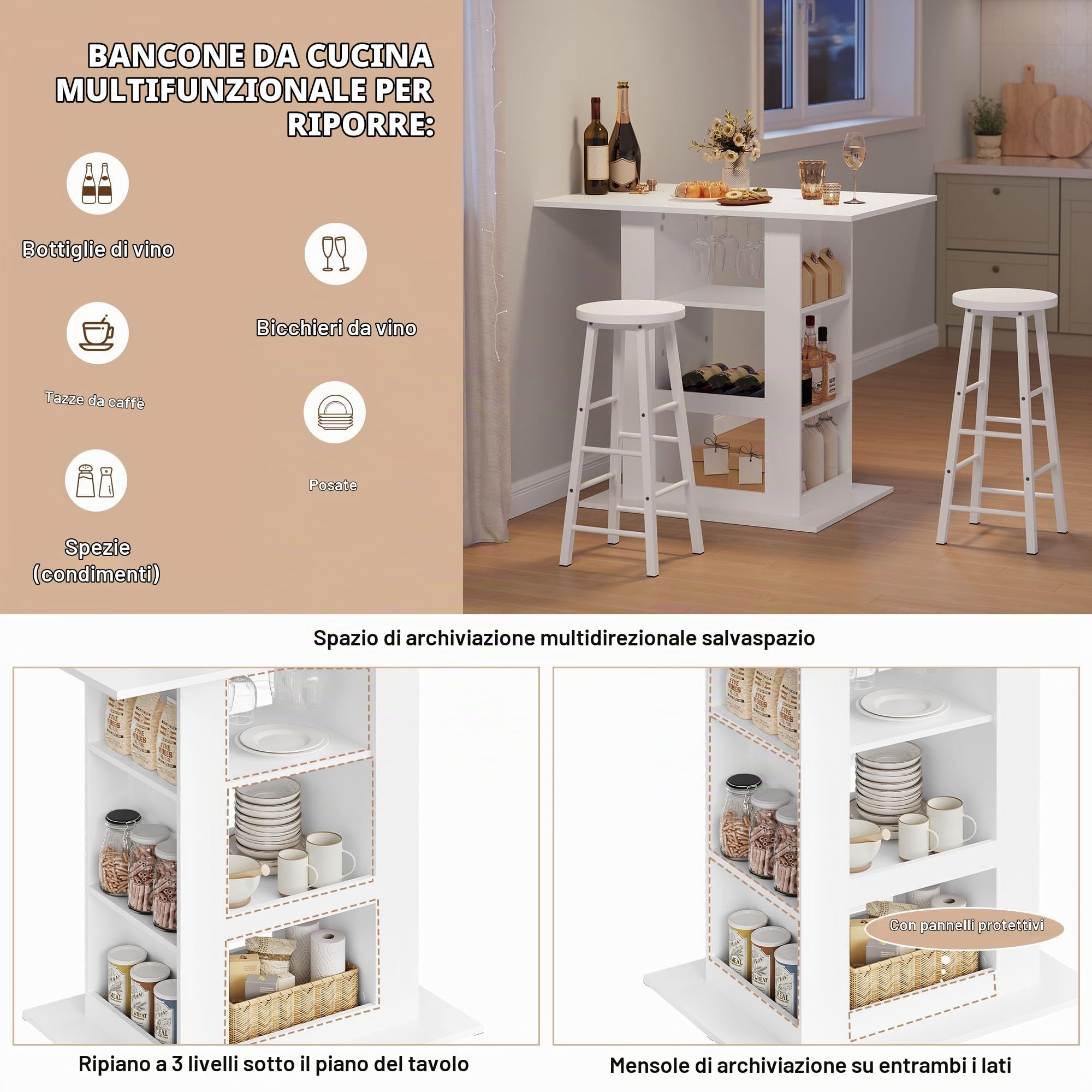WOLTU Tavolo da Bar con Vano Portaoggetti, Tavolo da Bistrot con 2 Portabicchieri, Bancone Bar per Bar Cucina Soggiorno, 105x94x68 cm, Bianco