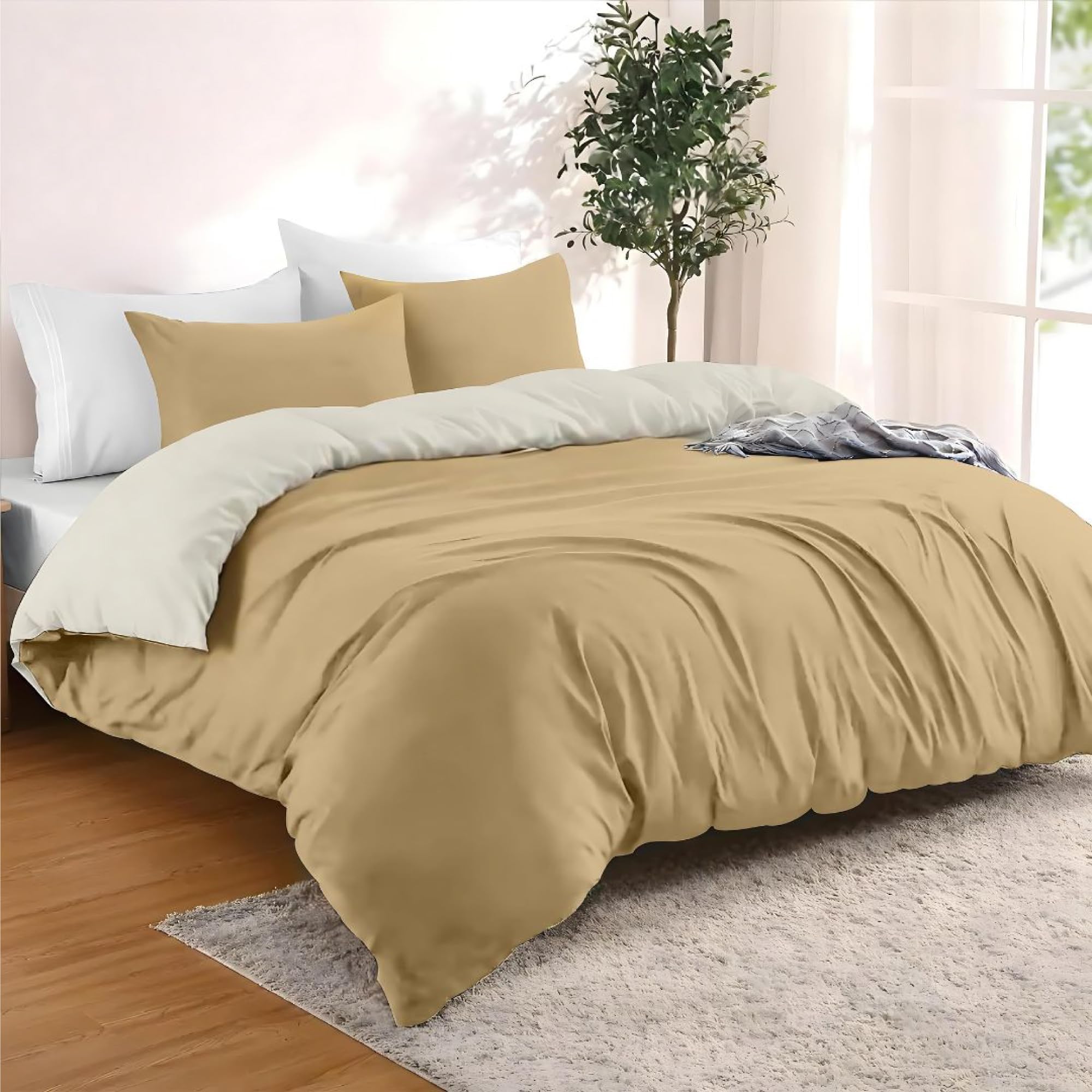 Dreamzie - Housse De Couette 240x220 Cm Avec 2 Taie Oreillers 80x80 Cm - Beige/Sable - Parure De Lit 240x220 En 100% Microfibre - 3 Pièces - Certifié Sans Produits Chimiques (Oeko TEX