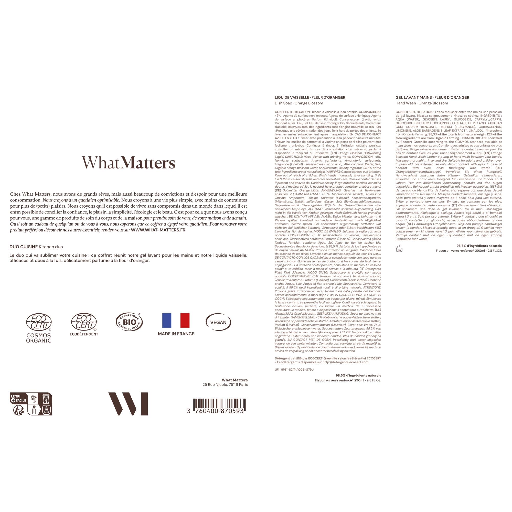 WHAT MATTERS Coffret Duo Cuisine Gel Lavant + Liquide Vaisselle 290ml | Fleur d'Oranger, Vegan, 99% d'origine naturelle, flacons pompe verre renforcé® rechargeables, fabriqué en France