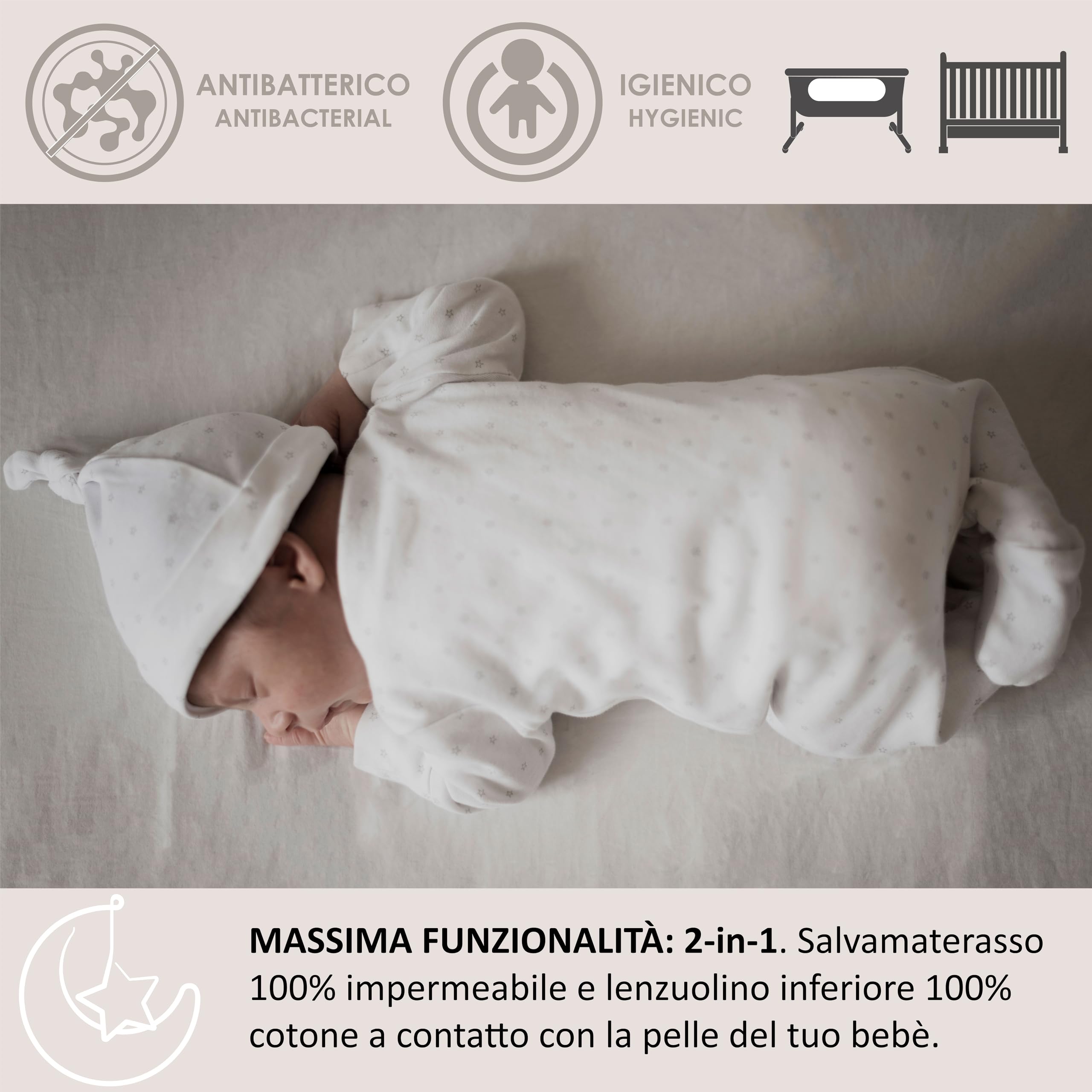 Lenzuolo salvamaterasso con cerata antipipì e anti liquidi misura cm 54x107 in jersey di cotone. Made in italy
