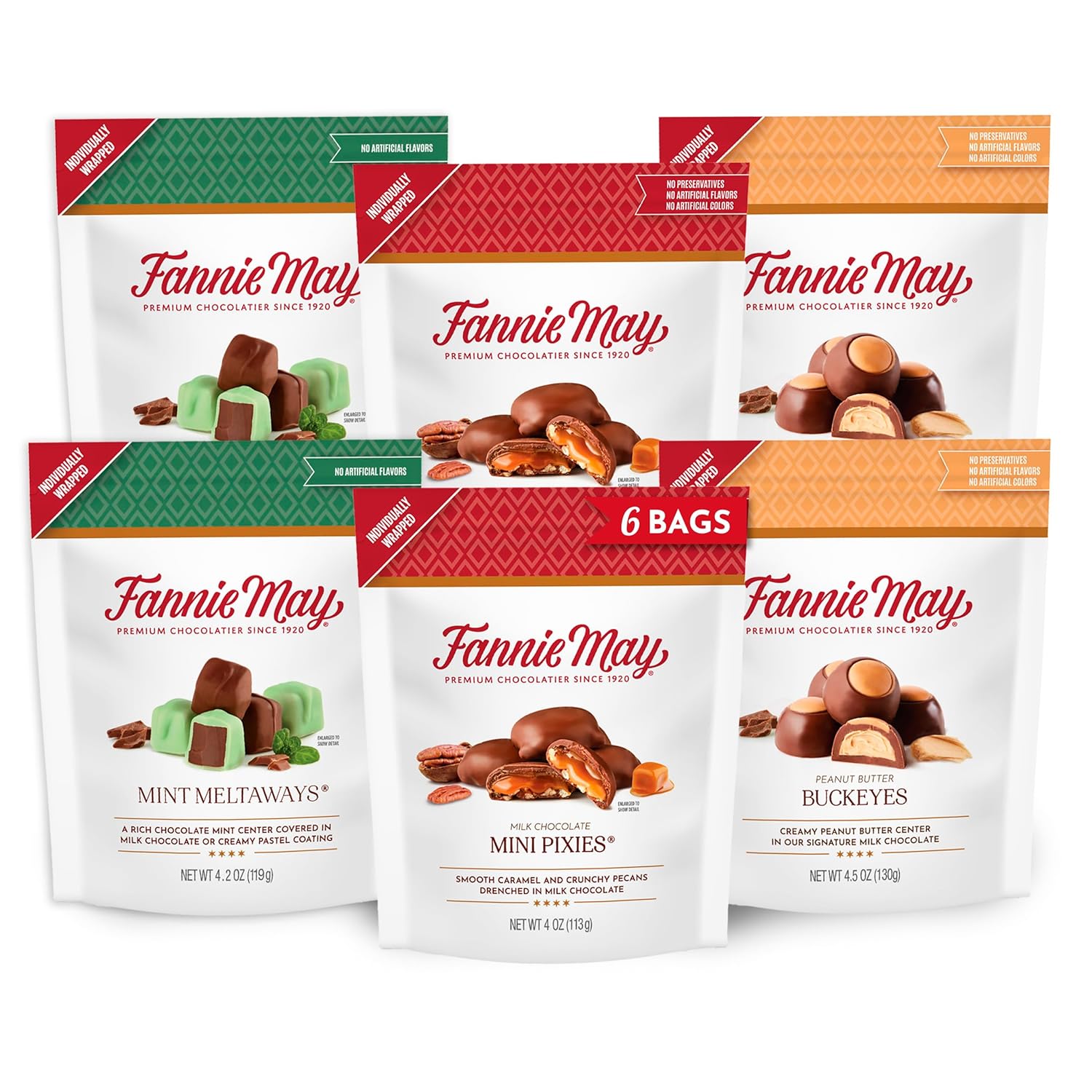 Fannie May, 6 Bags, Milk Chocolate Candy, Mini Pixies, Mint