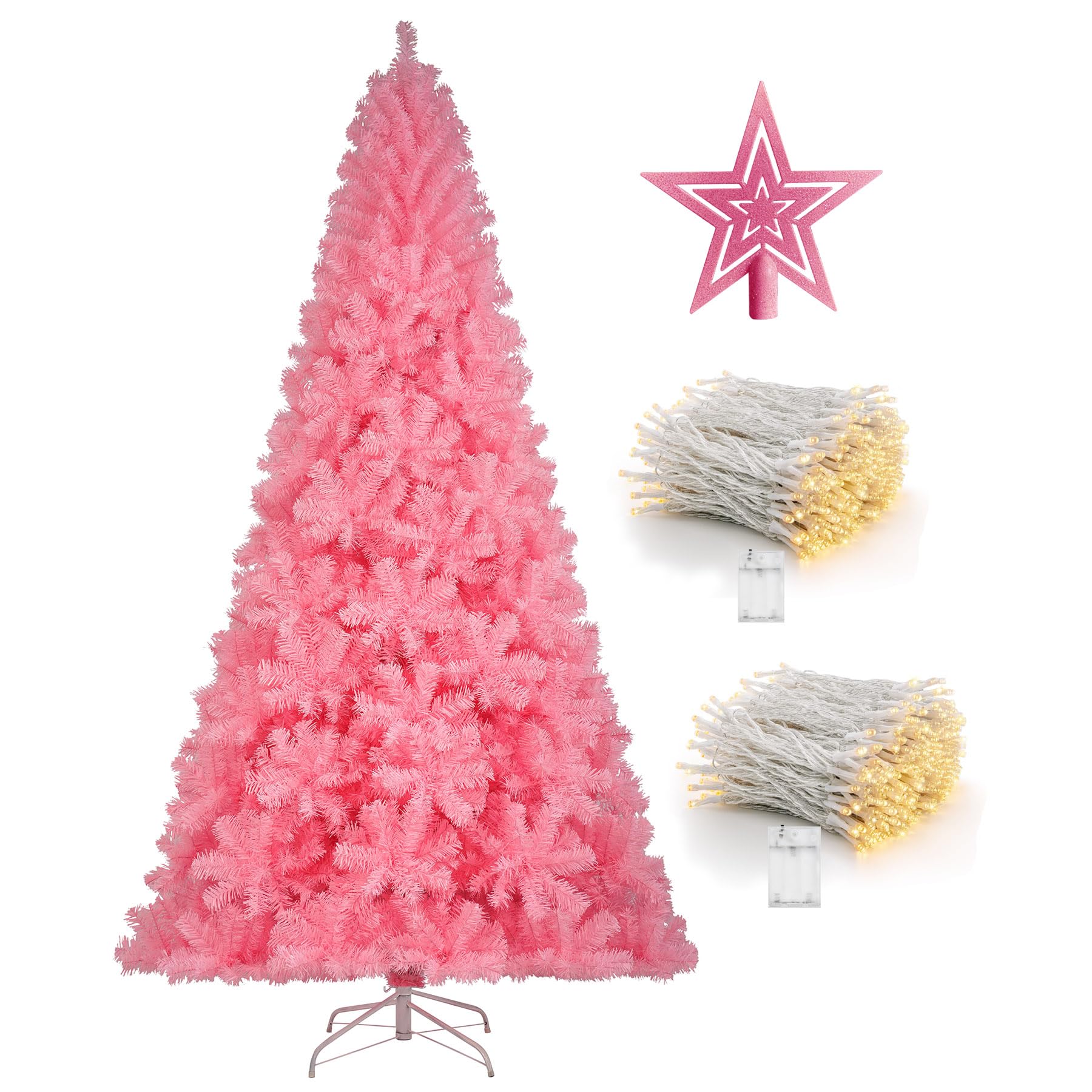 KTKDE 6ft Artificial Pink Christmas Tree, Xmas Tree with 1005 Branch Tips and Decorations(Pink Top Star, 2set 200 Tips Battery Boxes Powered) Metal