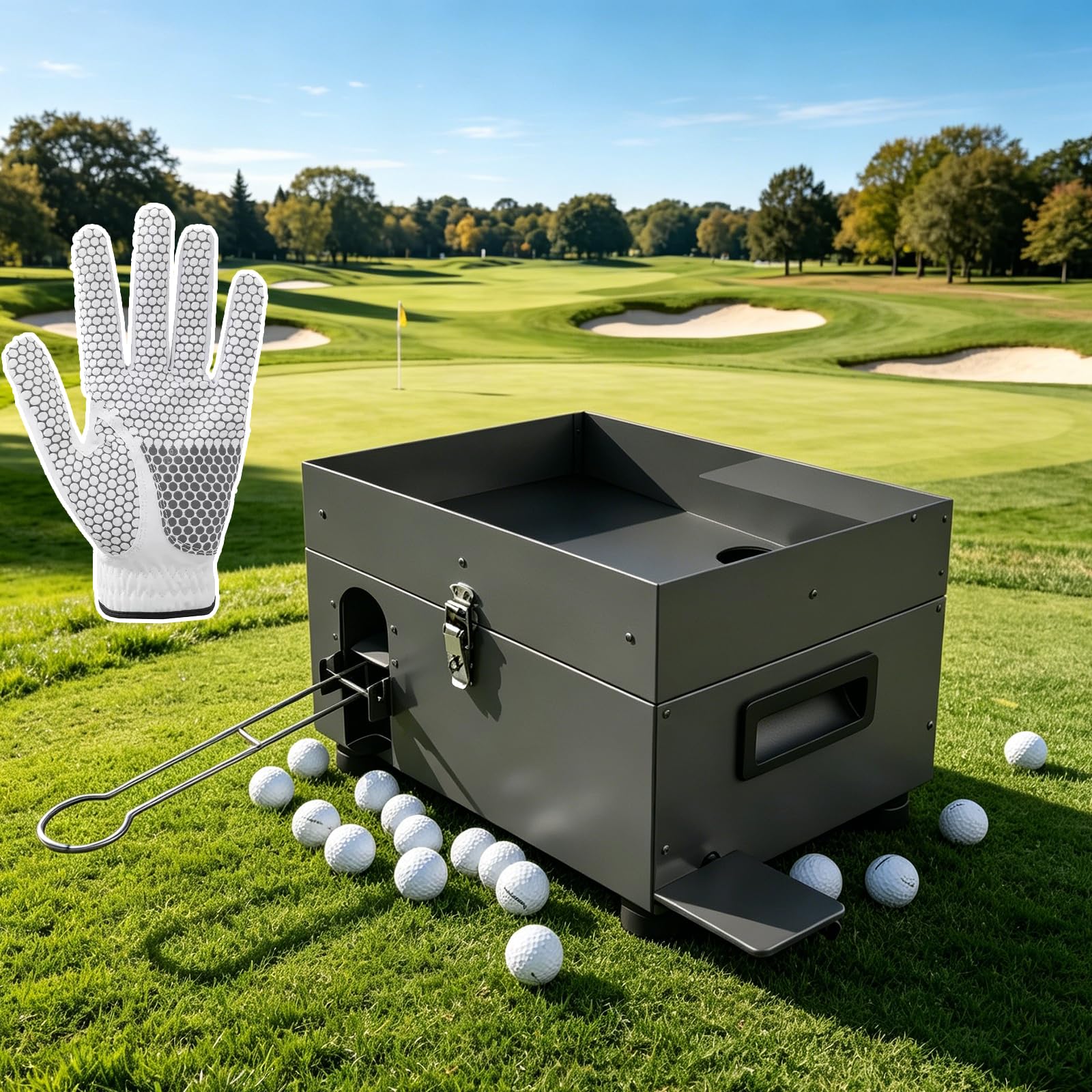 Dozownik piłek golfowych, podajnik wyrzutni piłek golfowych ze stojakiem do mrugnięcia, mieści 50 piłek, regulowana wysokość, konstrukcja zapobiegająca zagłuszaniu piłek, kompaktowa konstrukcja