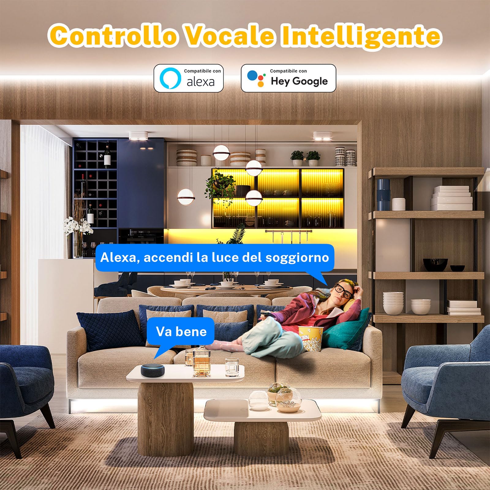 Gliztech 10M Striscia LED COB Bianca Compatibile con Alexa, da 3000k a 6500k Striscia Led 24V Dimmerabile, Illuminazione Sottopensile con Telecomando e App Strip Led per Cucina e Camera da Letto
