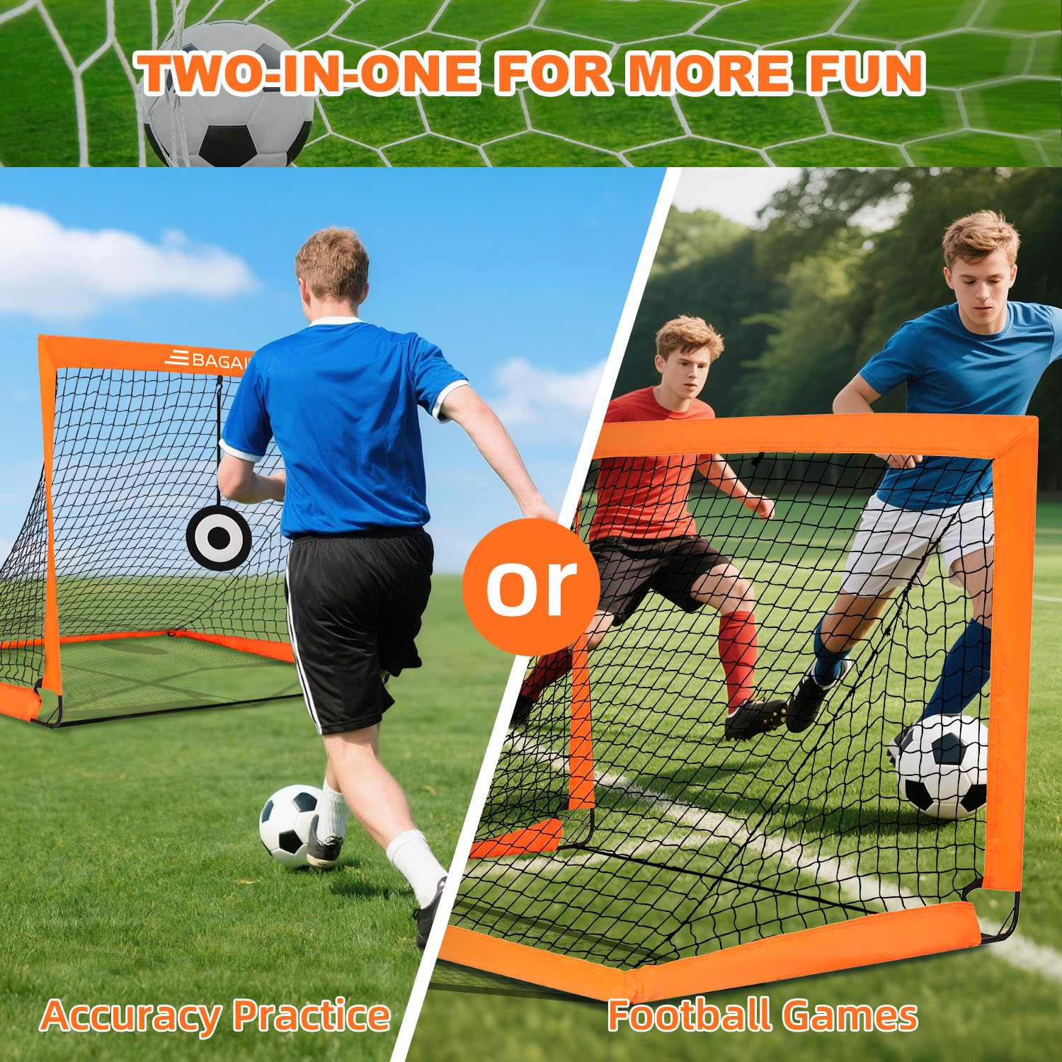 BAGAIL Portería de fútbol, Red de fútbol desplegable con portería, piquetas y Bolsa de Transporte portátil, fácil de Montar, Ideal para Entrenamiento en el jardín y Partidos recreativos.