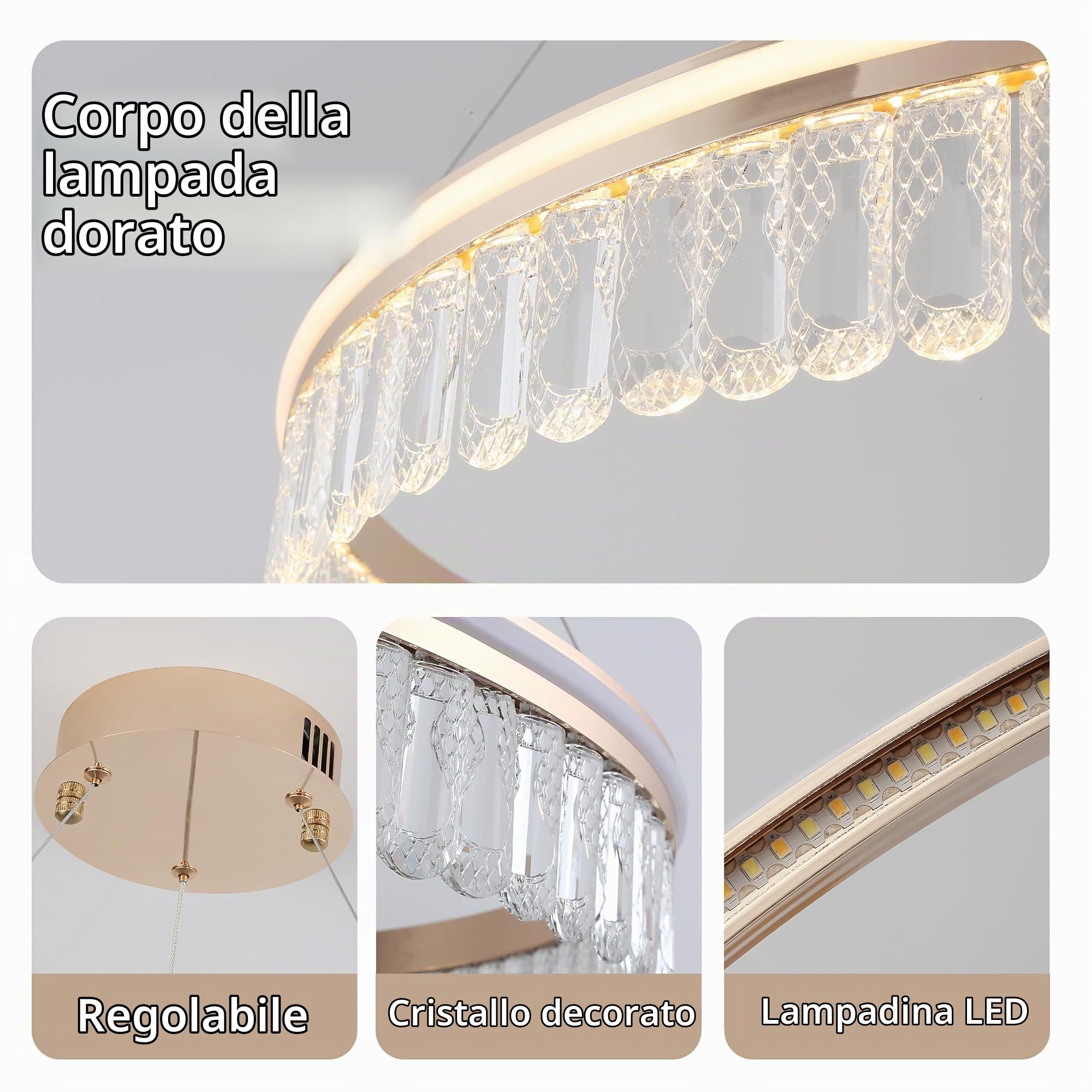 Lampadario Di Cristallo D'Oro,60Cm Rotonda Lampadario Led,Moderno Lampadari Cucina 3000K-6000K Dimmable Luce,Lampadari Sospensione Per Camera Da Letto Cucina Hall,30W