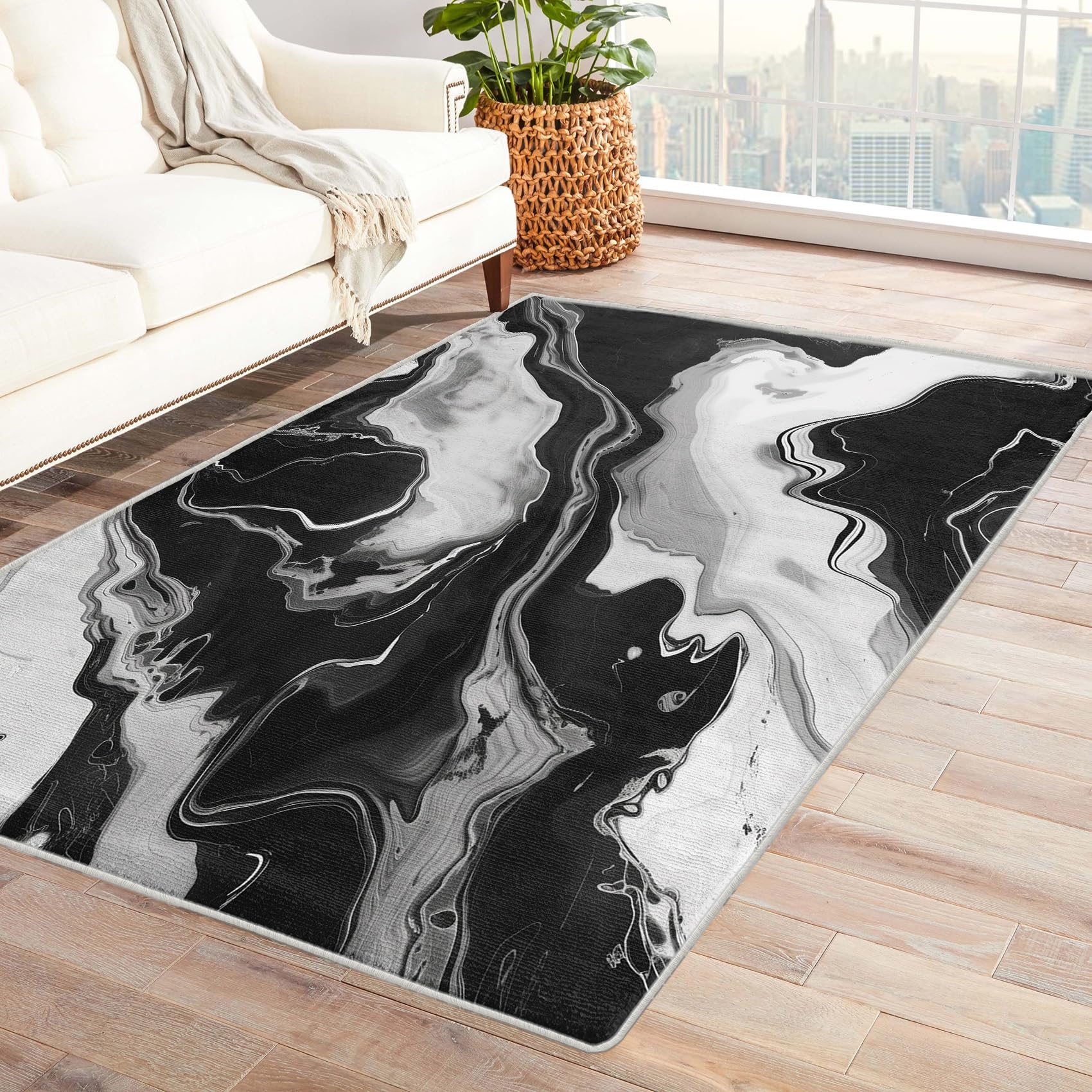 Black and White Marble Rug, 8x10 Rug, Modern Luxury Rugs for Living Room Bedroom, Ink Texture Large Area Rug, Washable Rug Non Slip Soft Indoor Carpet