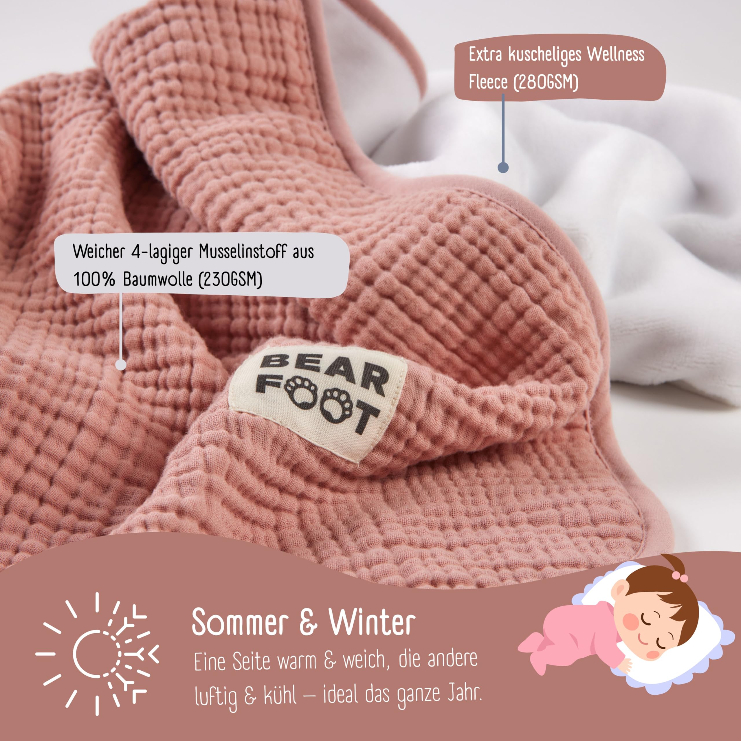 BEARFOOT Baby Blanket, Muslin Fleece Blanket (Cotton, Fleece) Fluffy Soft Cuddly Blanket - Image 3