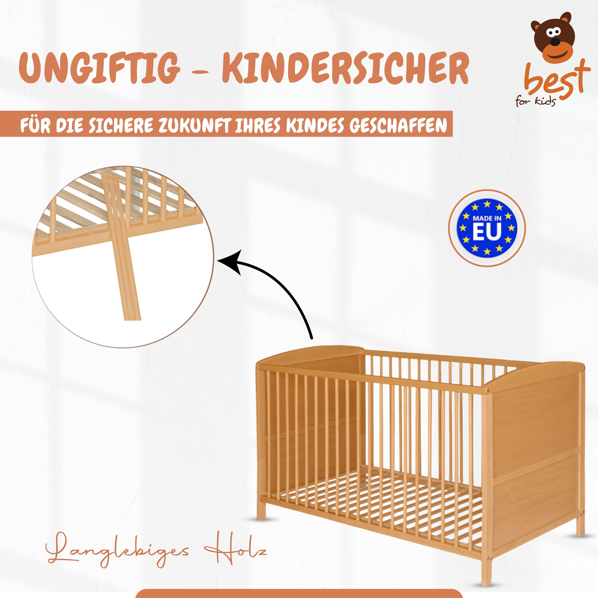 Best For Kids – Babybett 70x140 cm in Braun | Junior Bett Umbaubar | Cot ohne Matratze | Natur Komplett Set Bebek Yatagi & Baby Cot | Babybett für Mädchen und Jungen