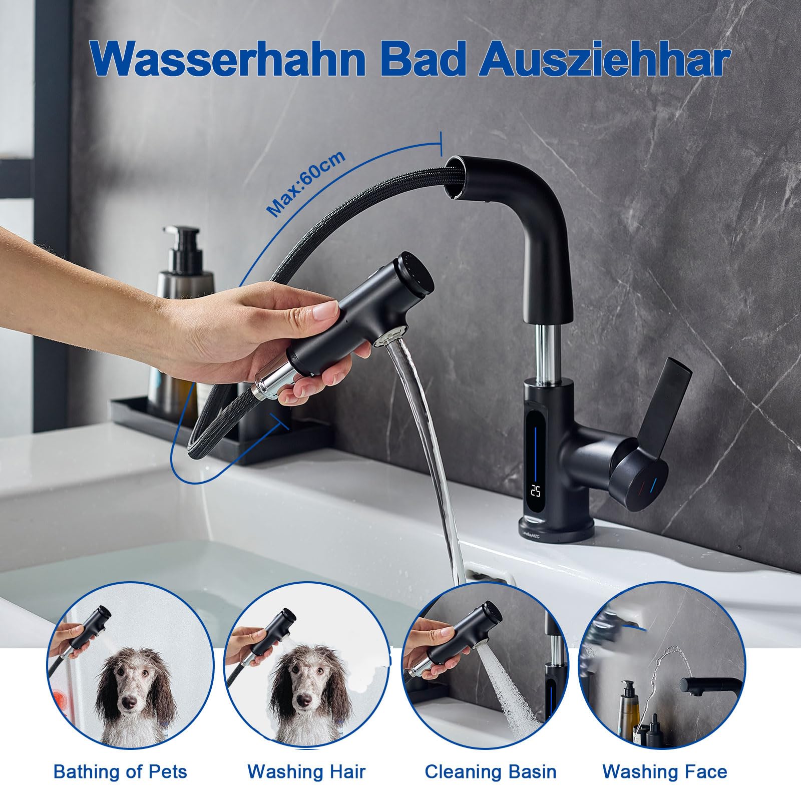 Rubinetto Bagno Lavabo Nero Doccetta Estraibile Con Della LED Temperatura | Miscelatore Lavabo Estraibile LakeBayMZC,Rubinetti Monocomando Bagno con Doccetta,Aeratore Rimovibile,Senza Piombo, Nero