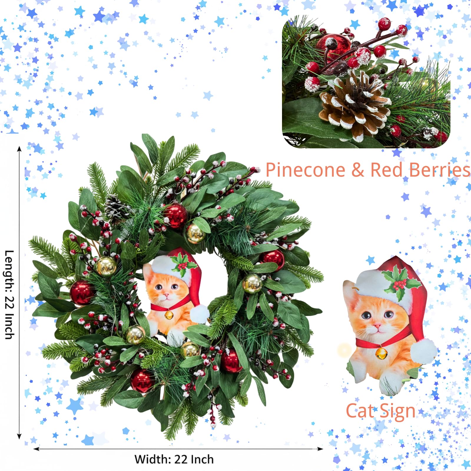 Svndlyn 22 Inch Lighted Snow Flocked Christmas Wreath - Red Bow, Ball Ornaments, Pinecones, Berries, LED Lights