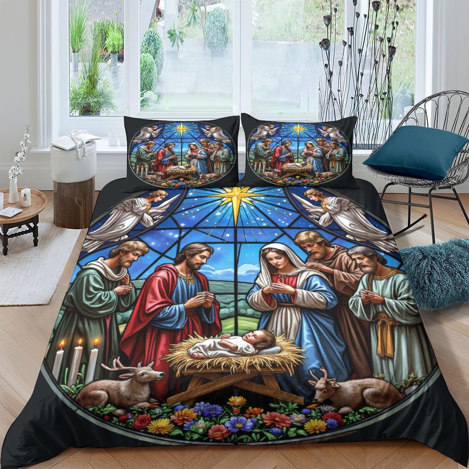 Ctjqhvkz Style-4 3D Printed Nativity Scene Fitted Sheet Microfiber Soft Stained Glass Bed Cover For Bedroom Guest Room Mattress Protection Single（135X200cm）